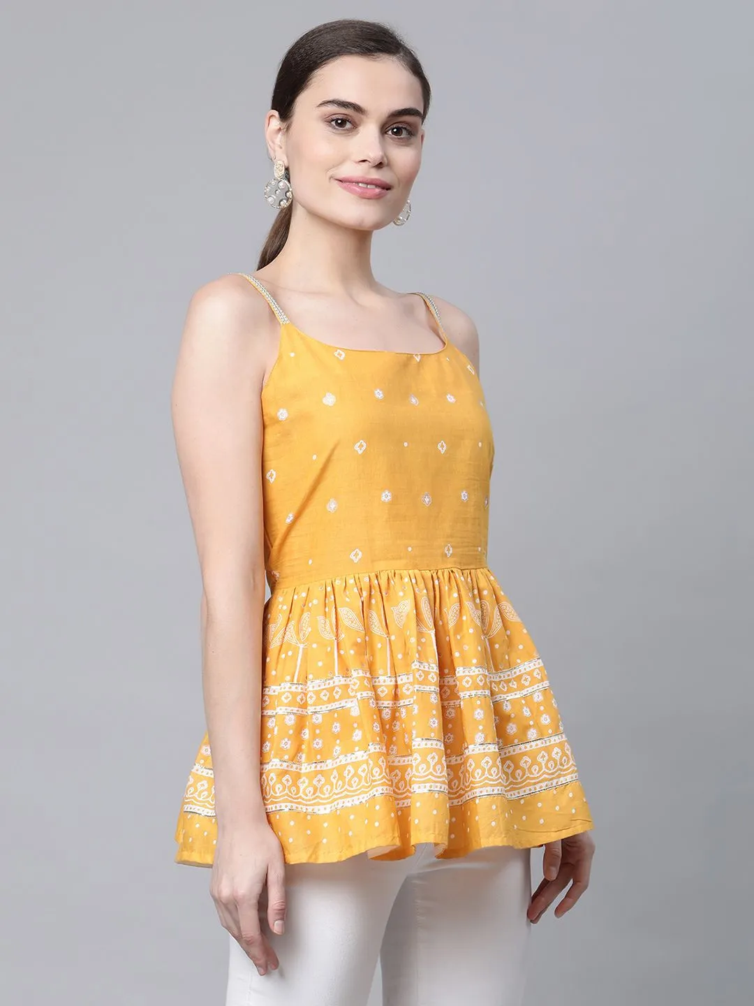 Mustard Pure Cotton Printed Shoulder Straps Tunic