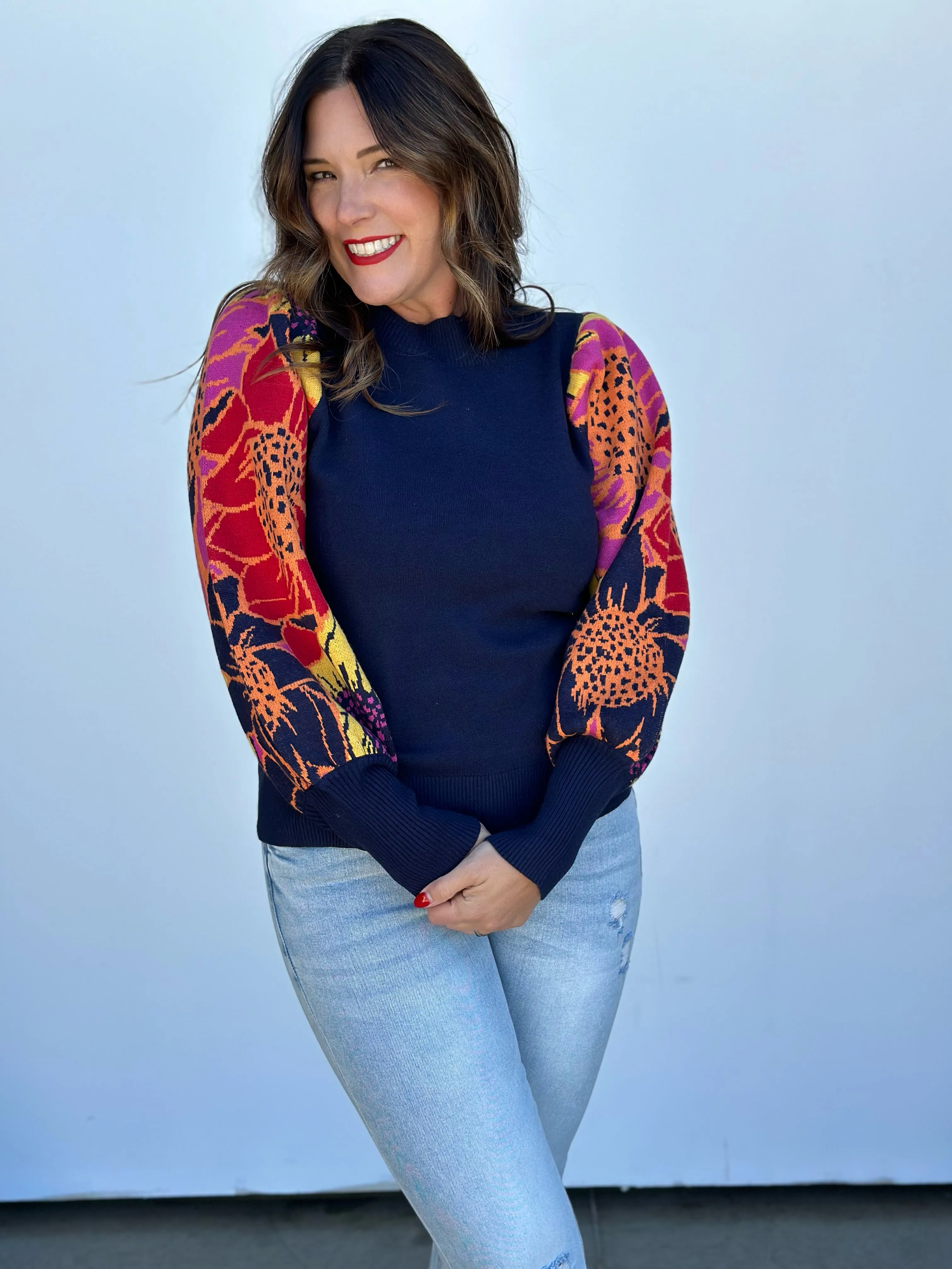 Navy Floral Sleeve Sweater