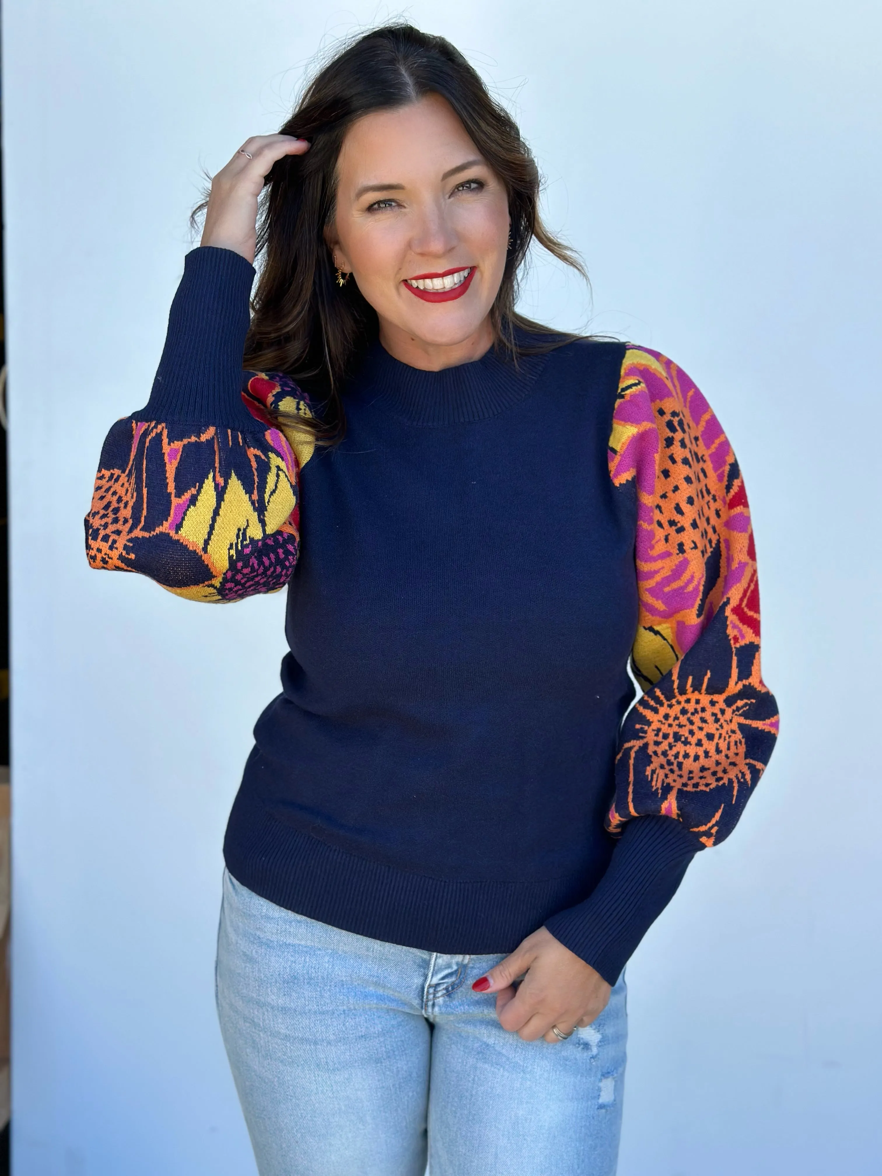 Navy Floral Sleeve Sweater