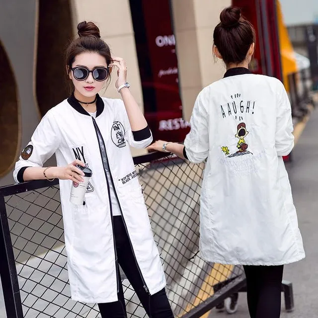 New Autumn Women Long Trench Coats Plus Size Print Letter Emboridery Windbreaker Street Fashion Baseball Casual Outwear