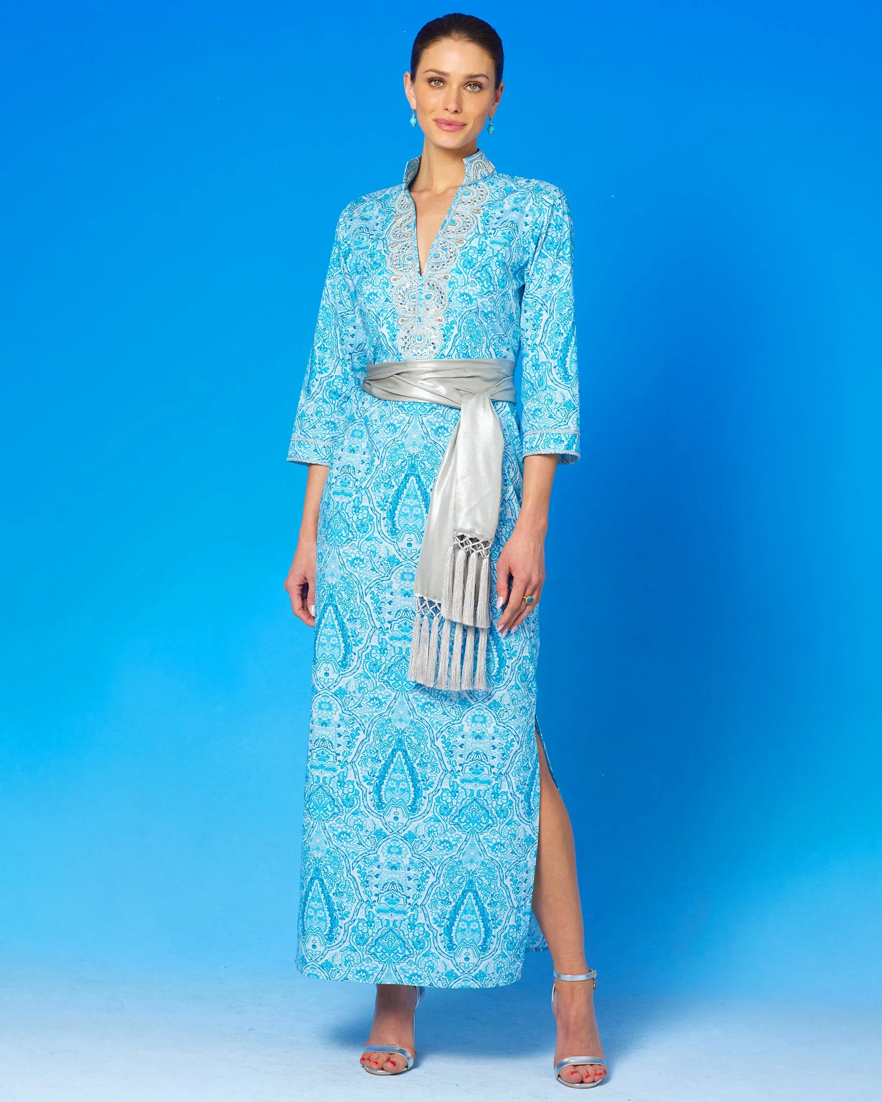 Noor Long Tunic Dress in Turquoise Paisley and Silver Embellishment