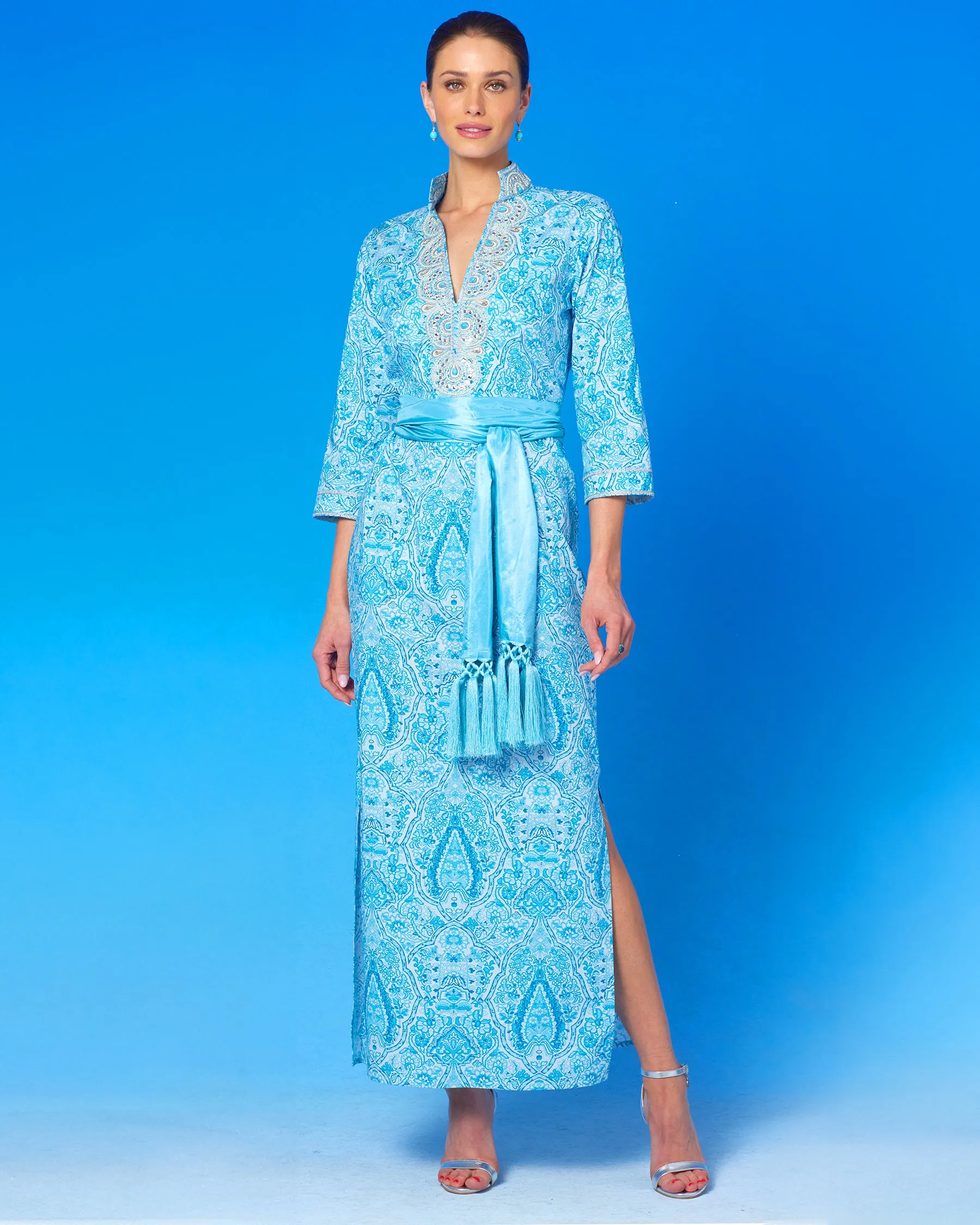 Noor Long Tunic Dress in Turquoise Paisley and Silver Embellishment