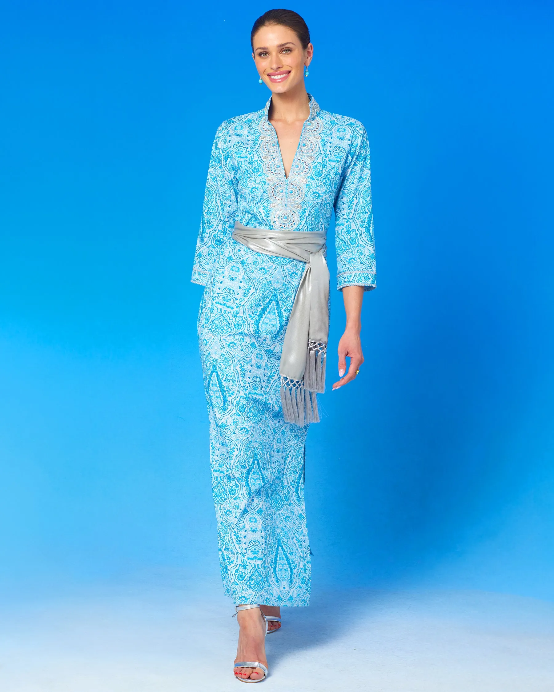 Noor Long Tunic Dress in Turquoise Paisley and Silver Embellishment