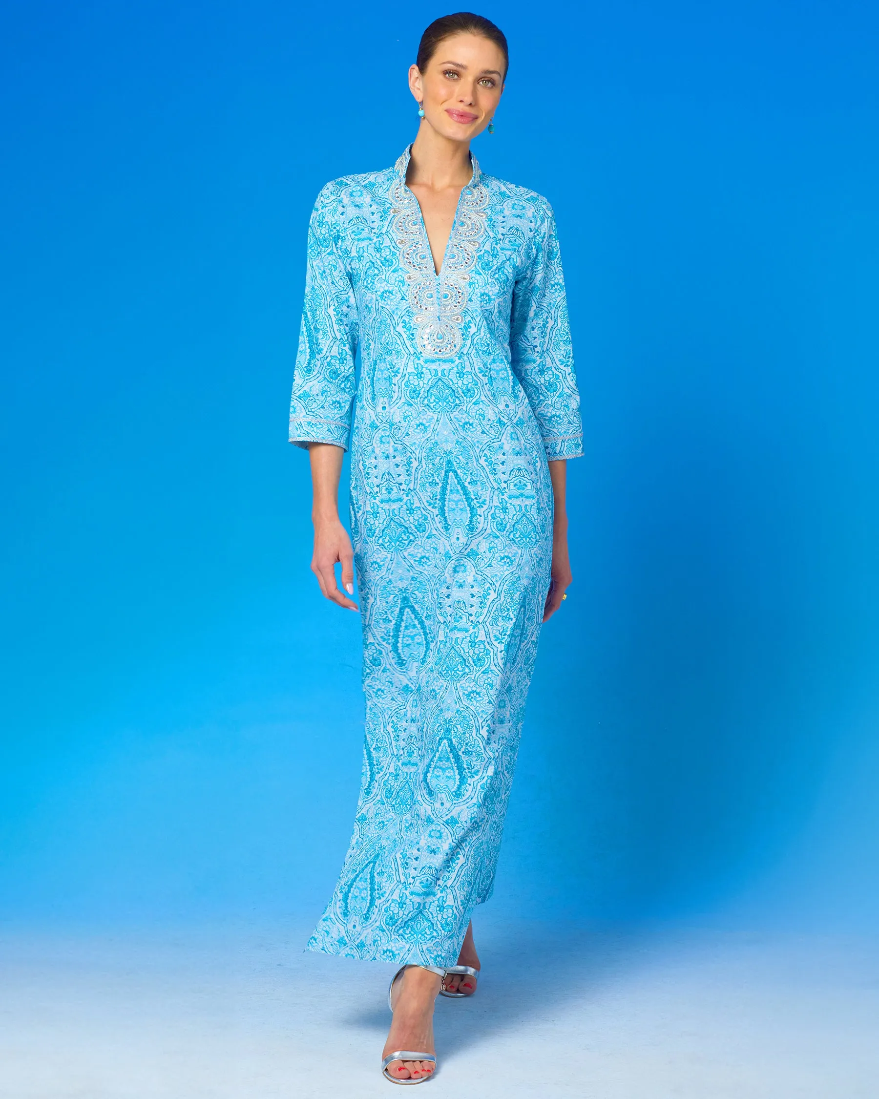 Noor Long Tunic Dress in Turquoise Paisley and Silver Embellishment