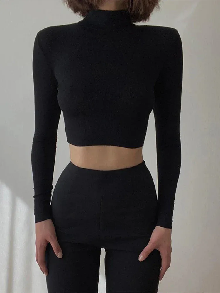 Nude Turtleneck Cropped Long Sleeve Tee