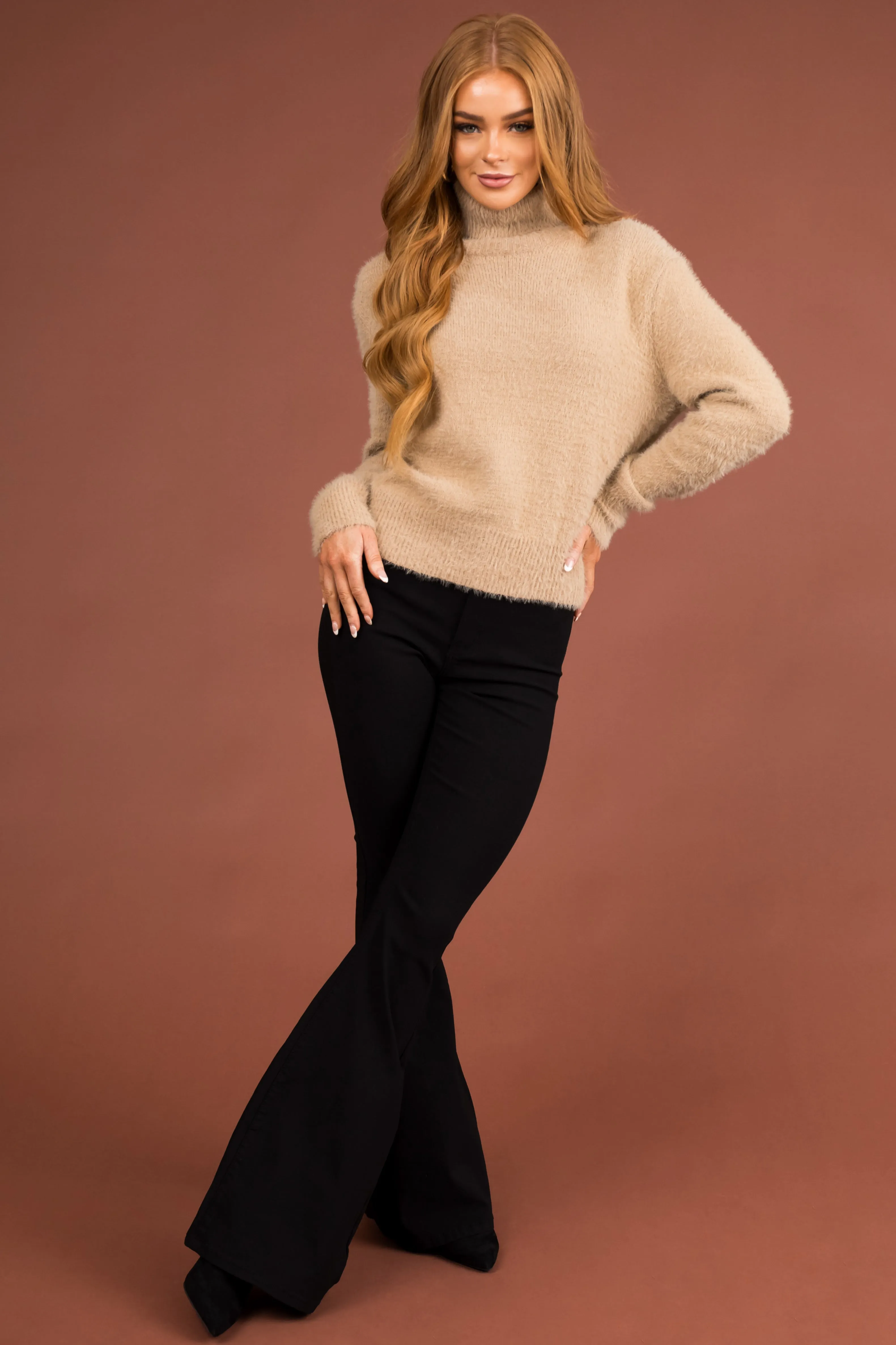 Oatmeal Fuzzy Long Sleeve Turtleneck Sweater