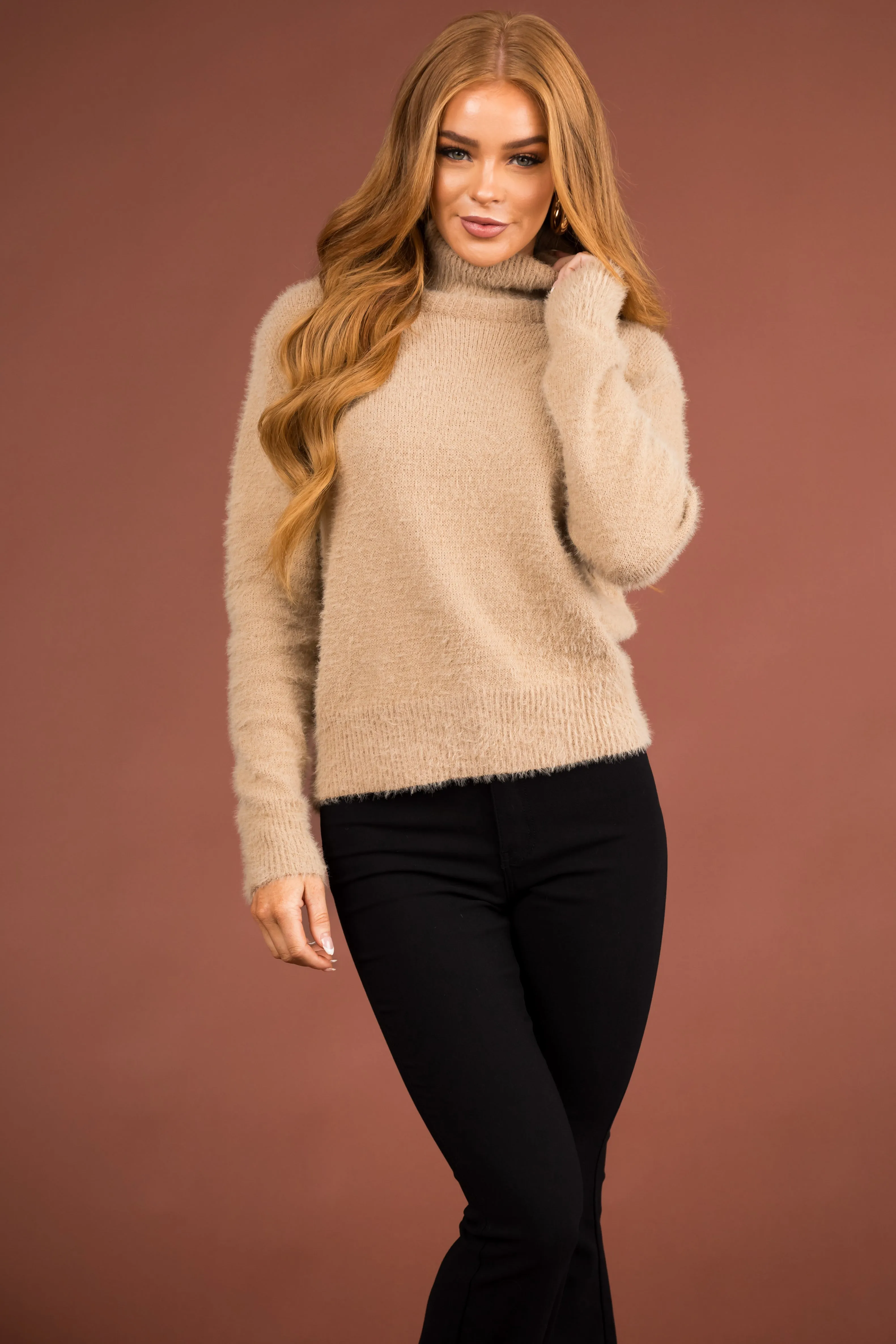 Oatmeal Fuzzy Long Sleeve Turtleneck Sweater