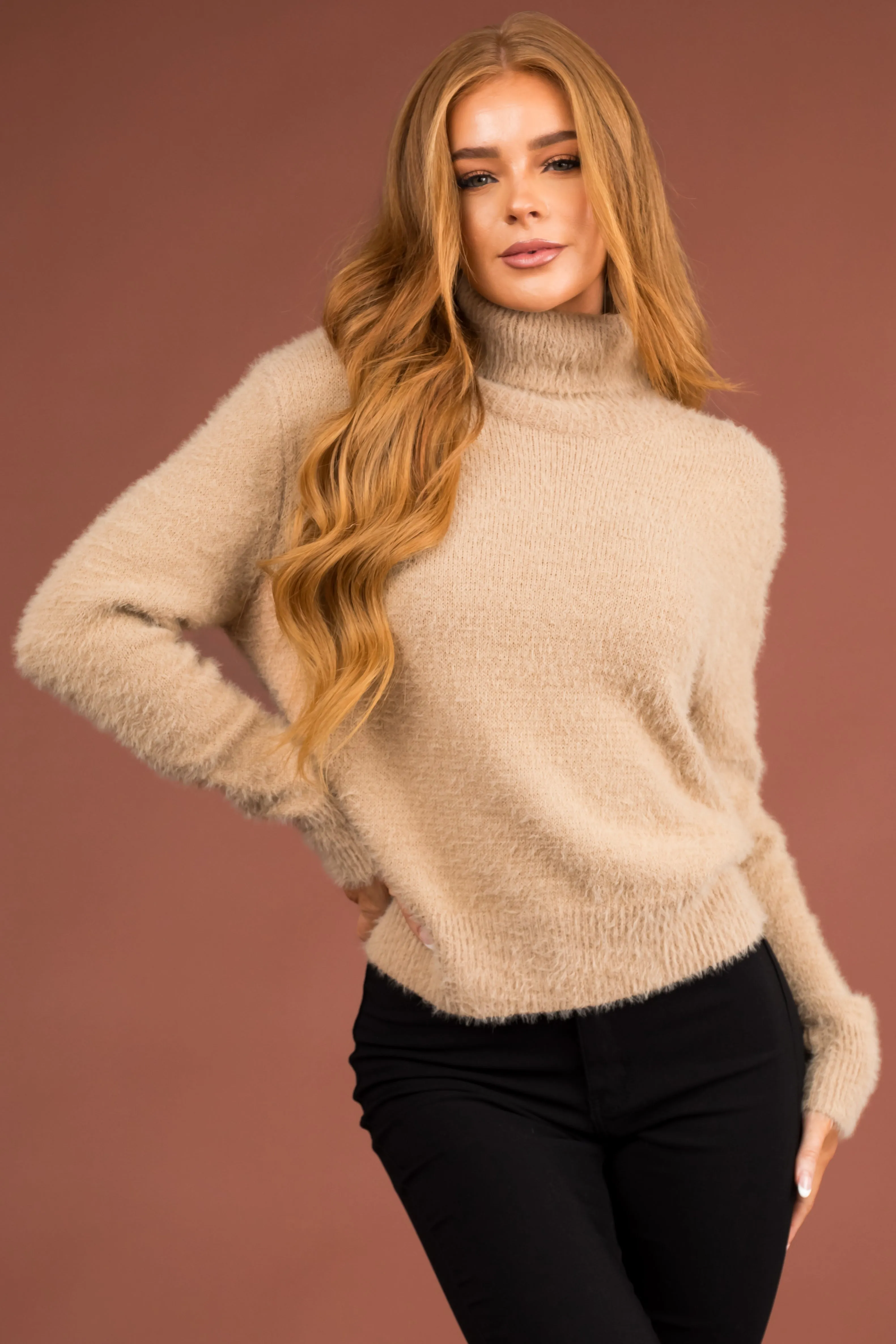 Oatmeal Fuzzy Long Sleeve Turtleneck Sweater