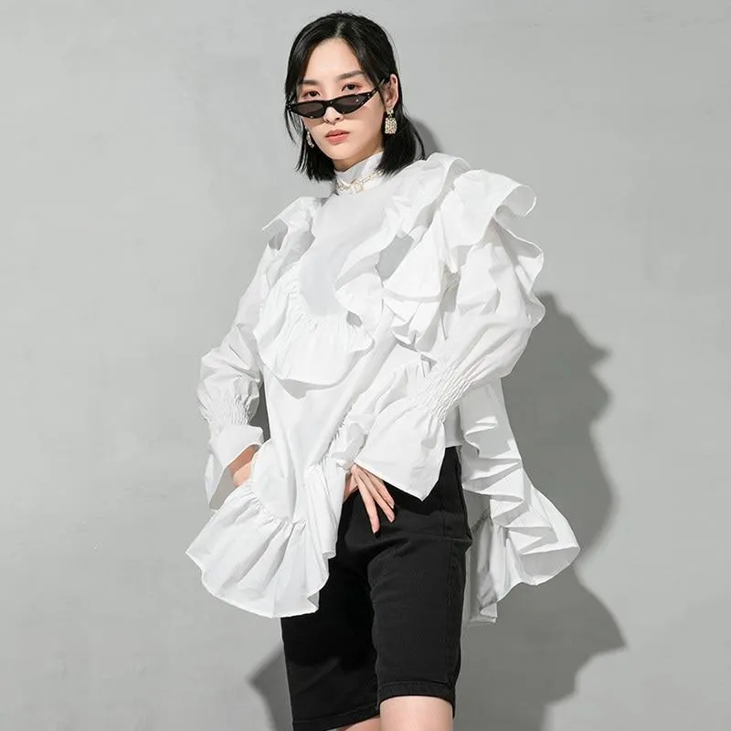 Okimi Asymmetrical Ruffle Long Sleeve Shirt - White