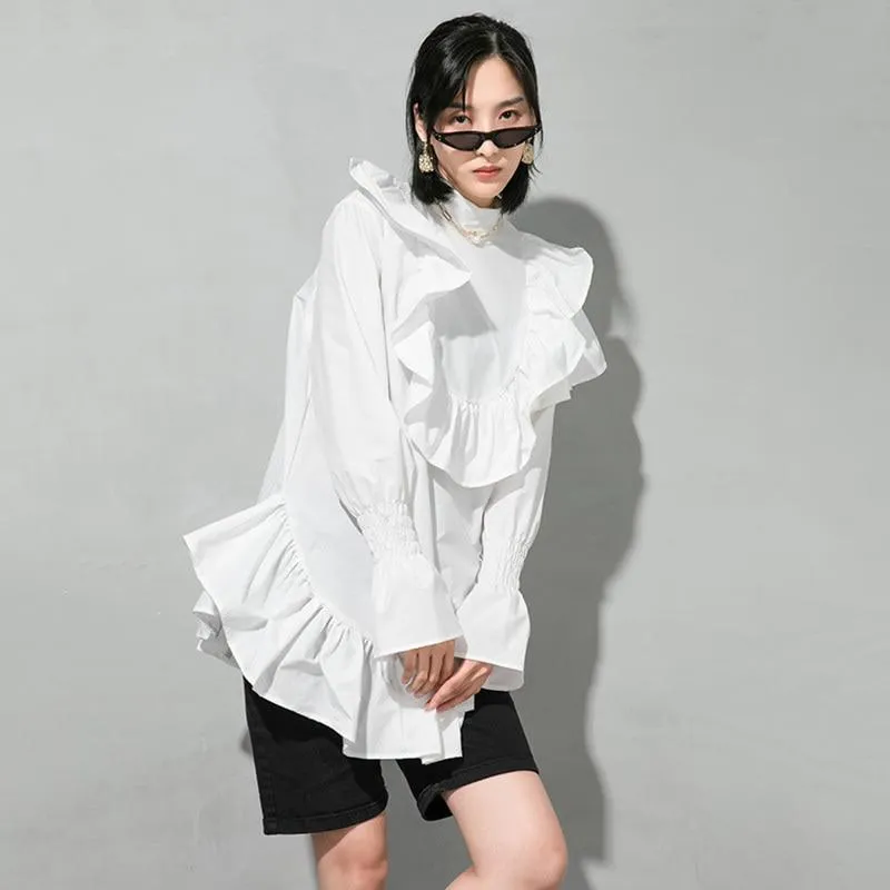 Okimi Asymmetrical Ruffle Long Sleeve Shirt - White