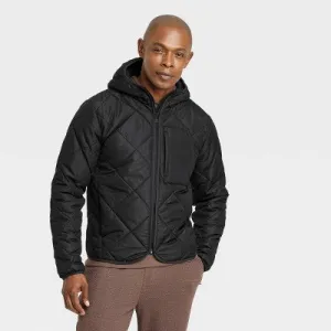 Open Box - All In Motion Men's Zip-Up Winter Hooded Wind-Resistant Quilted Jacket Packable