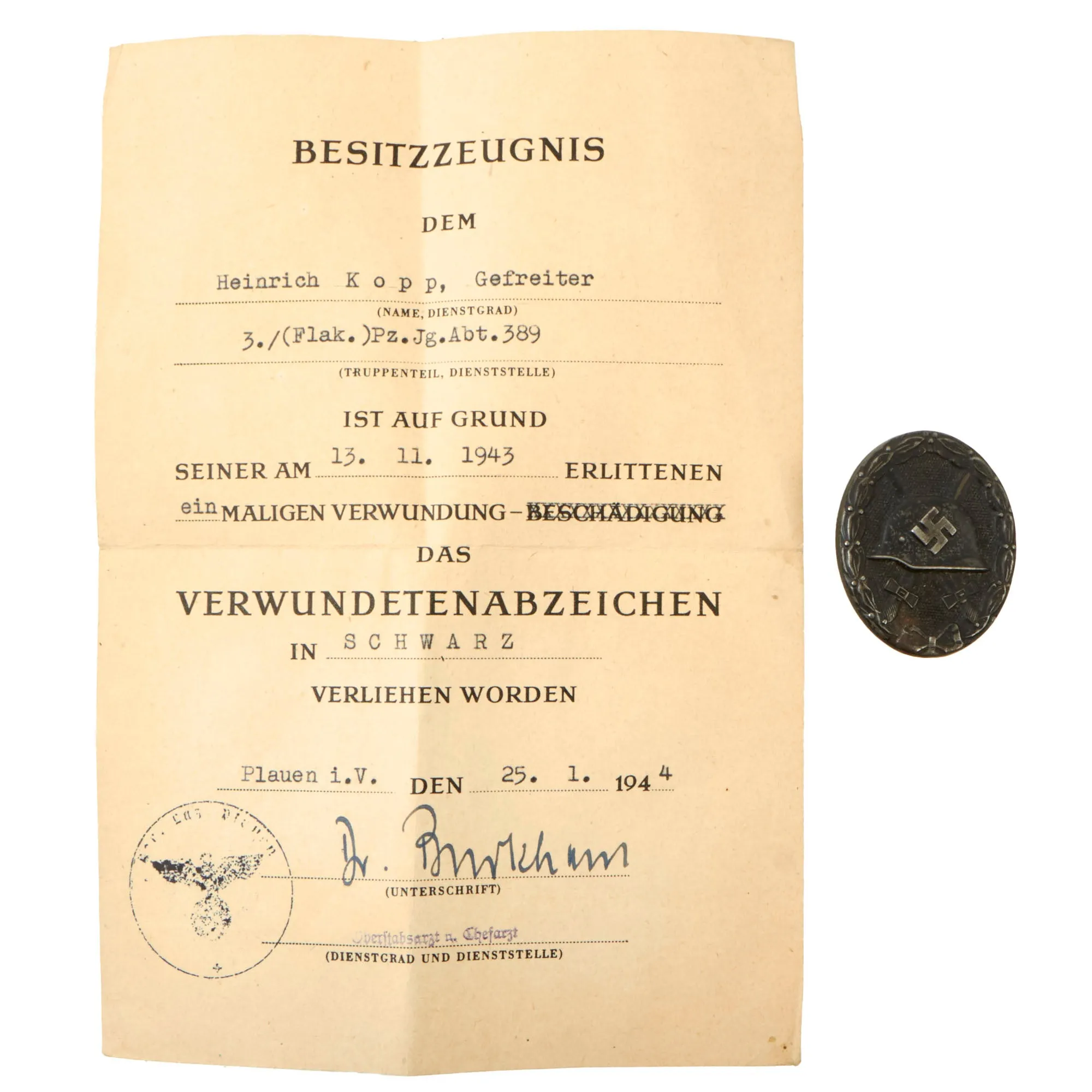 Original German WWII Black 3rd Class Wound Badge by Klein & Quenzer with Named Award Document - Dated 1943