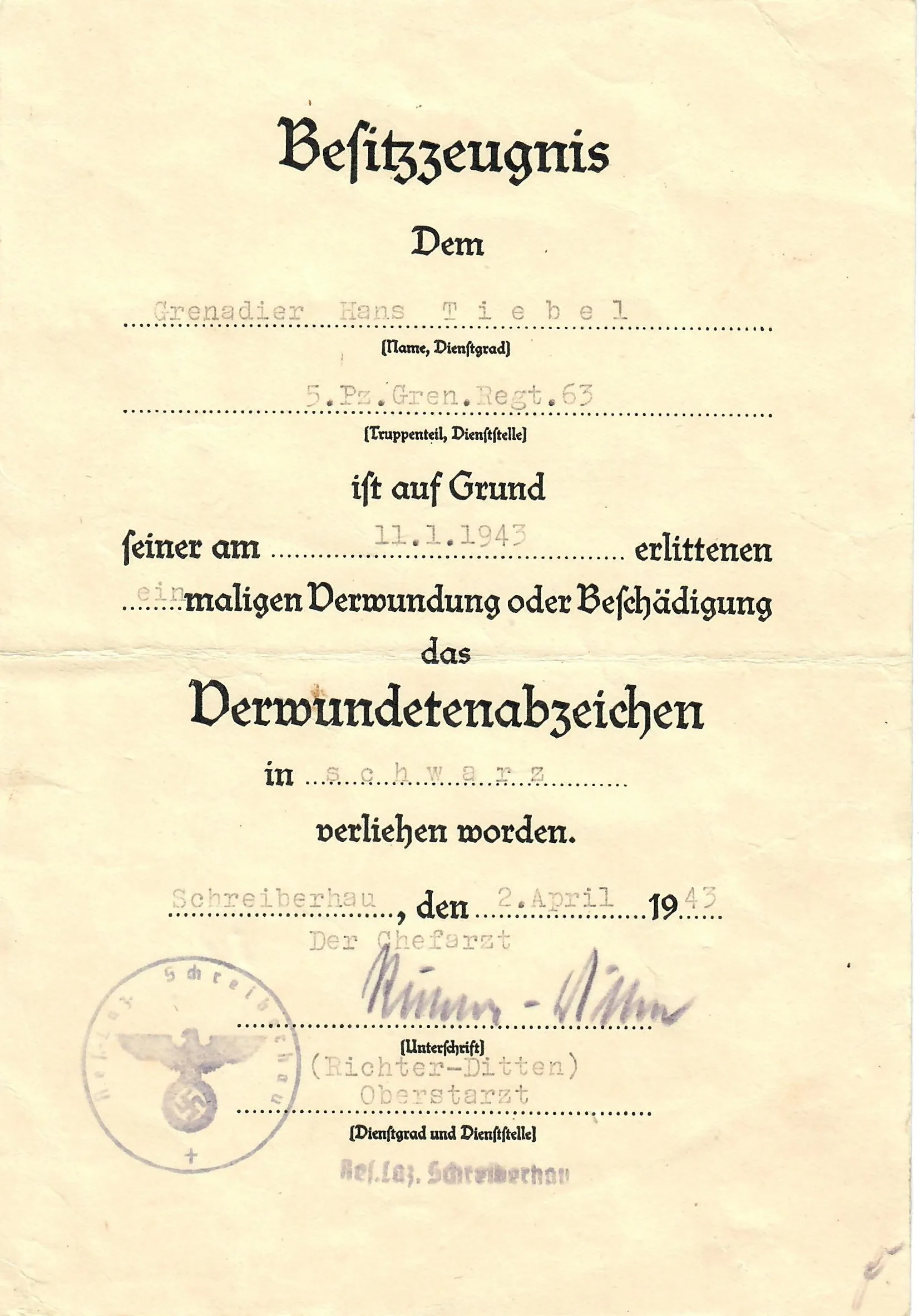 Original German WWII Black 3rd Class Wound Badge with Named Award Document - Dated 1943