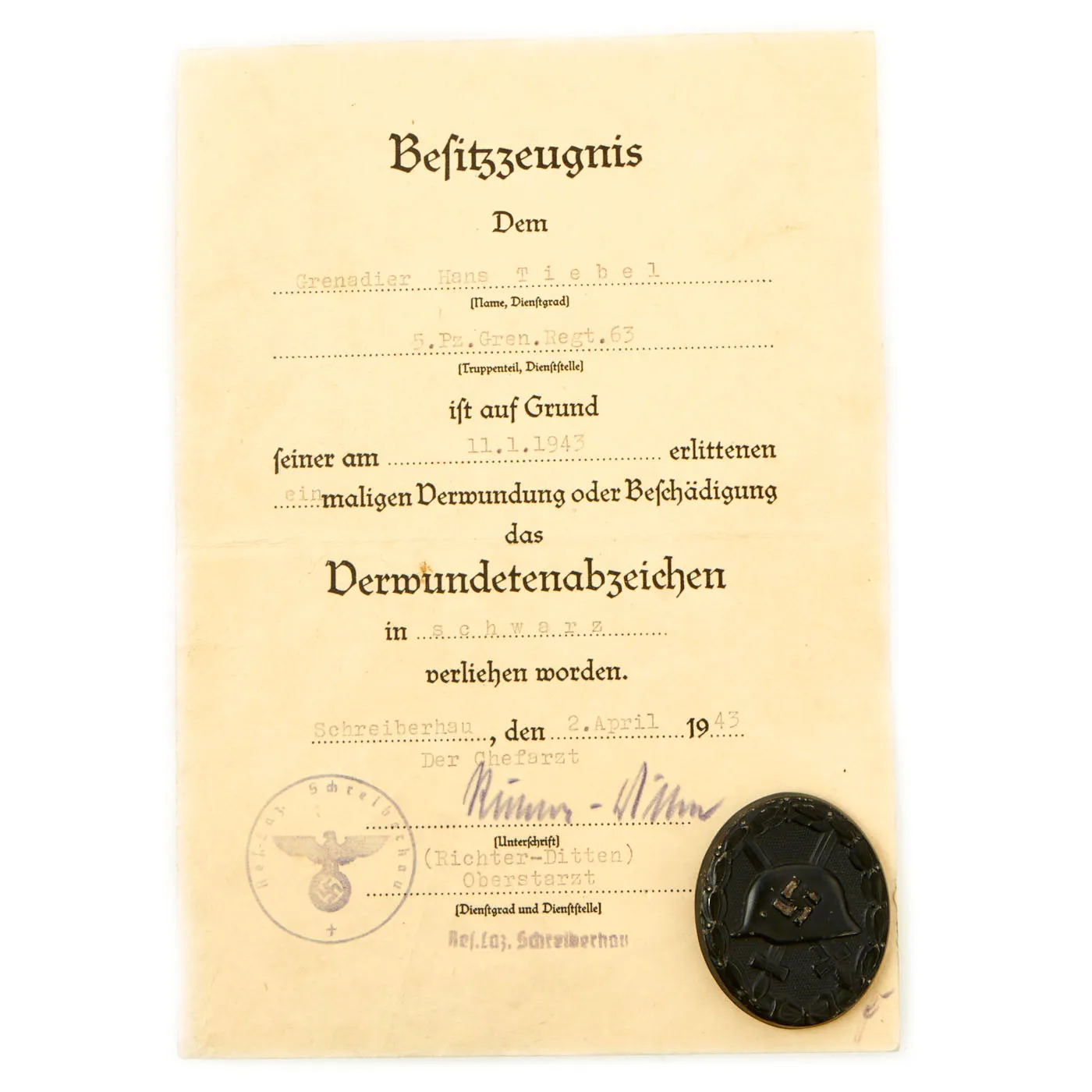 Original German WWII Black 3rd Class Wound Badge with Named Award Document - Dated 1943