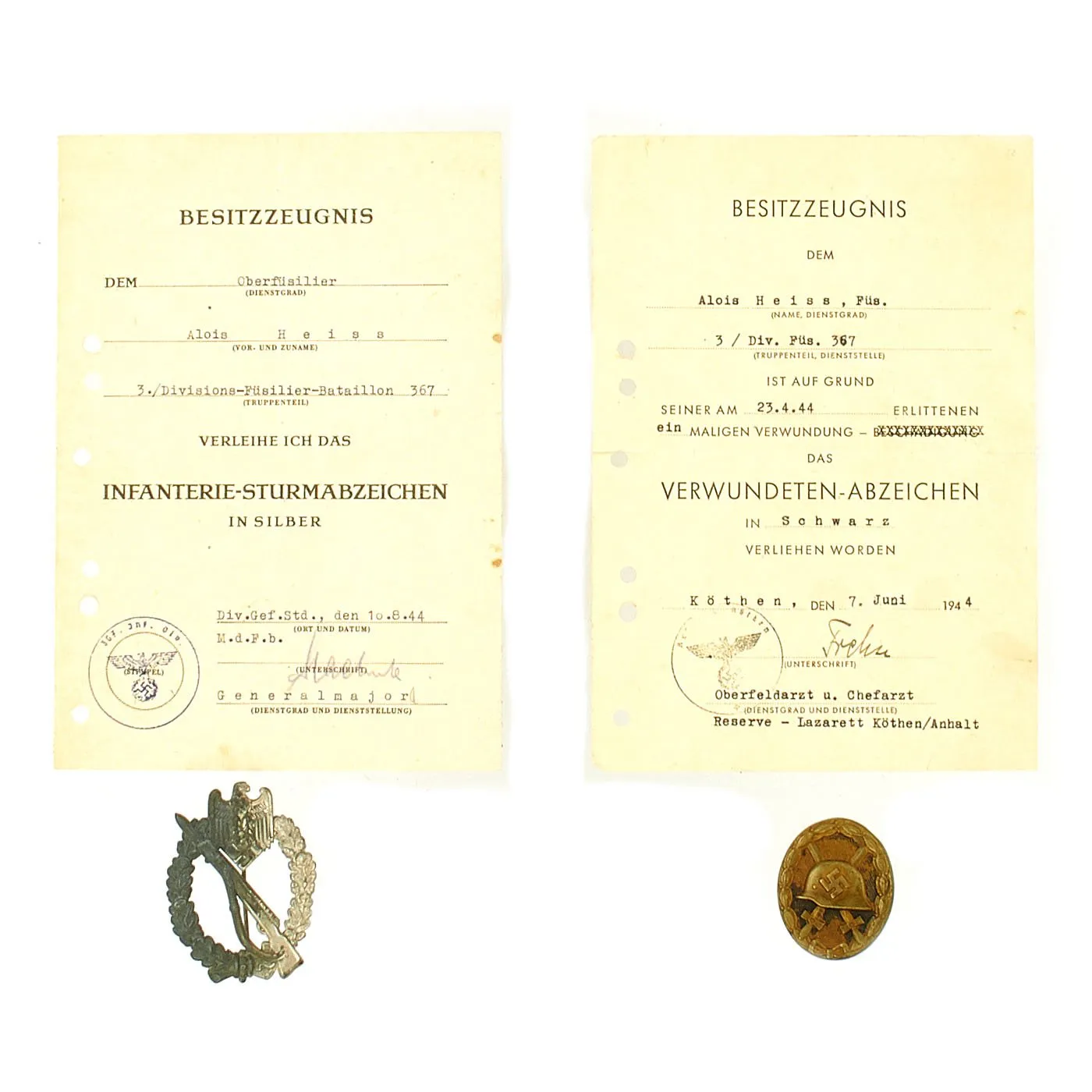 Original German WWII Black Wound Badge & Silver Infantry Assault Badge with Named Award Documents - Dated 1944