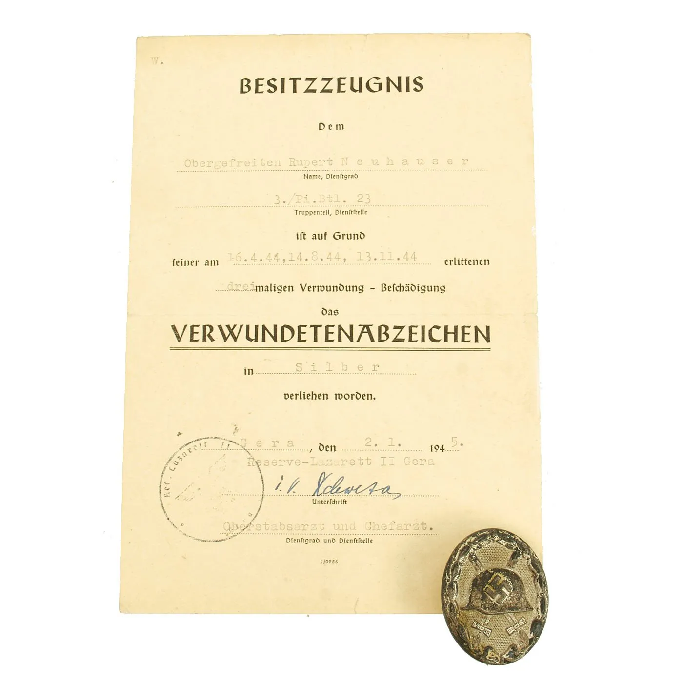 Original German WWII Silver Wound Badge by Carl Wild of Hamburg with Award Document