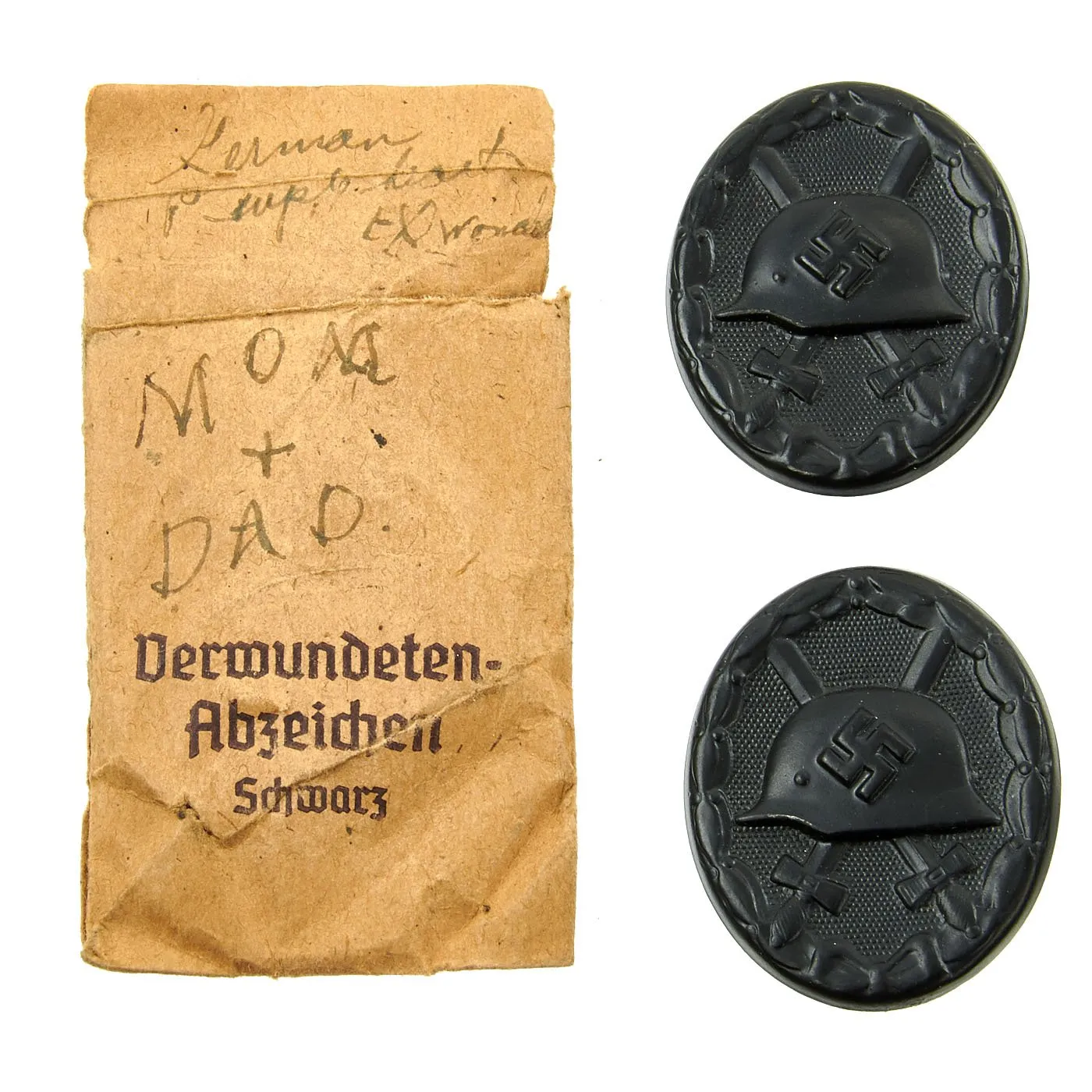 Original German WWII Steel Black Wound Badges by Carl Wild in Original Packet - Set of 2