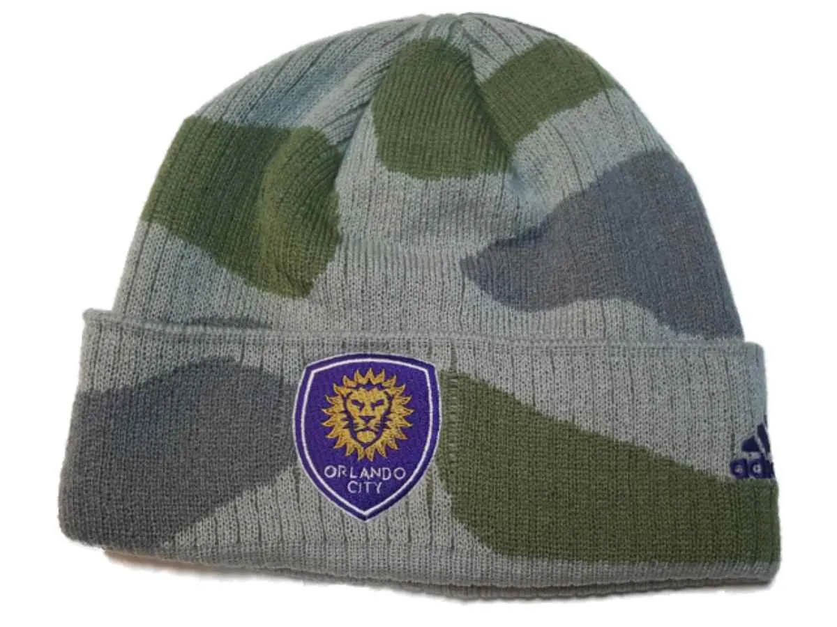 Orlando City SC Adidas Gray Green Camo Acrylic Knit Cuffed Skull Beanie Hat Cap