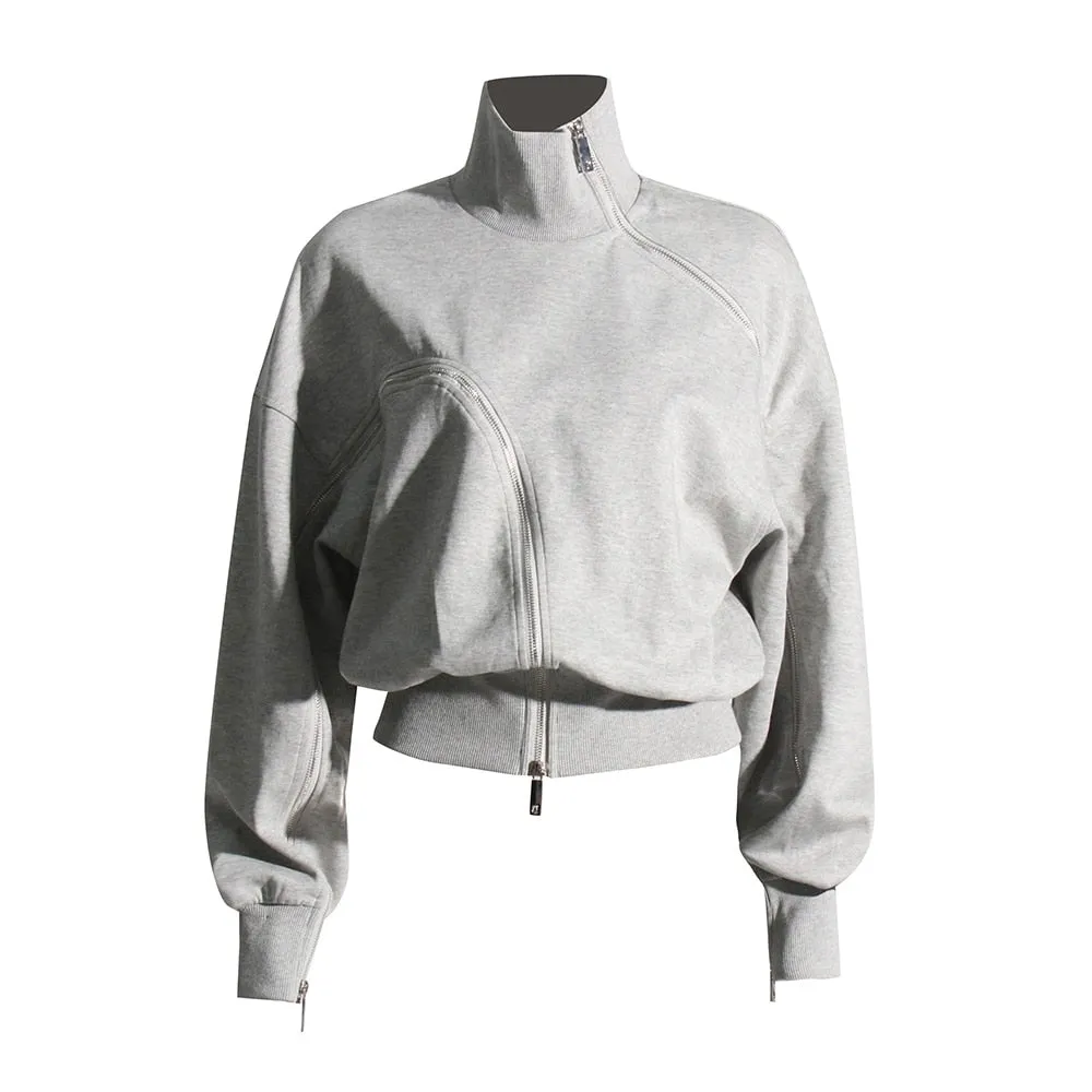 Patchwork Zipper Casual Loose Sweatshirts For Women Turtleneck Long Sleeve Minimalist Autumn Sweatshirt Female