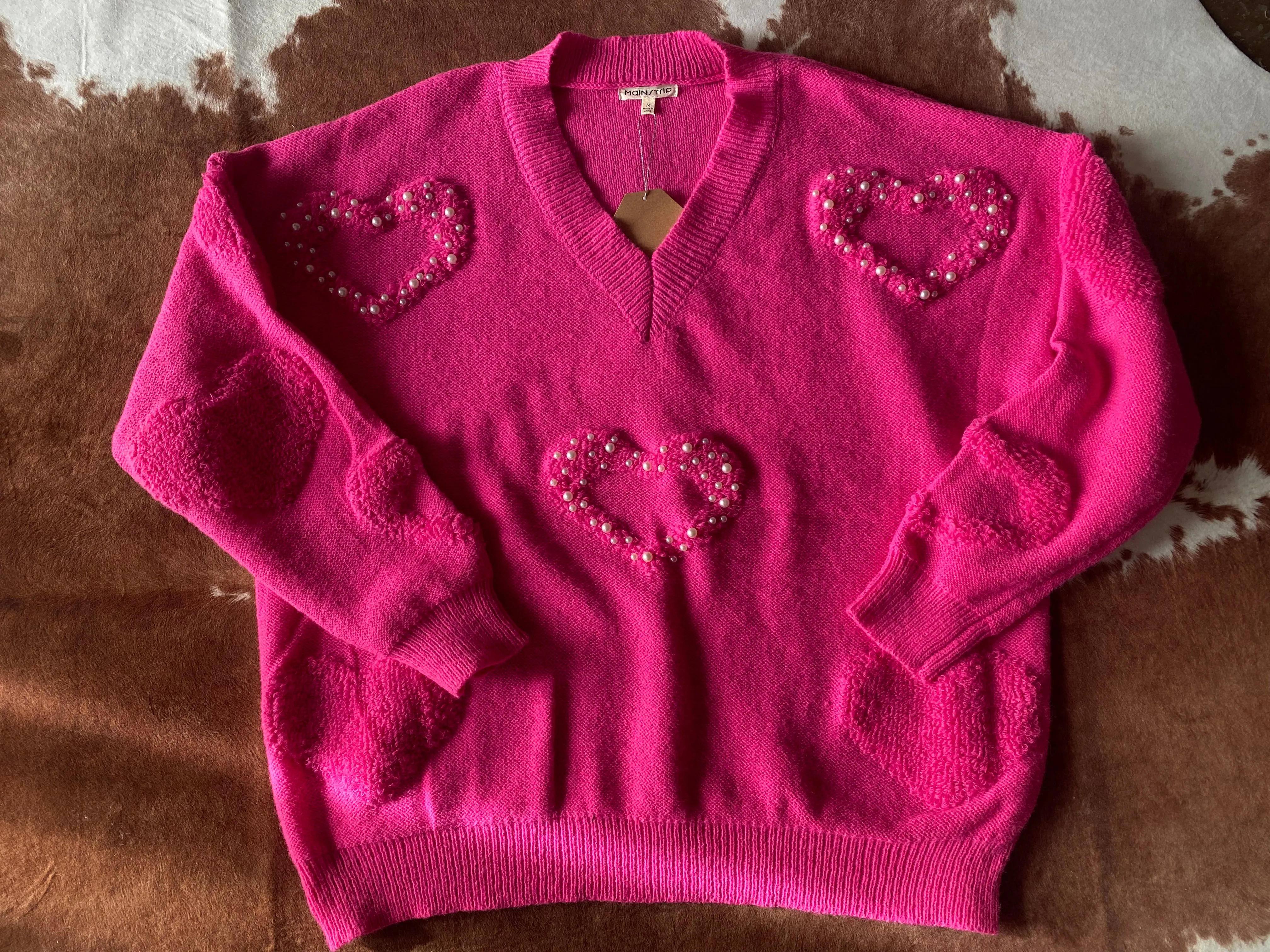 Pearl Heart Embroidered Pink Sweater