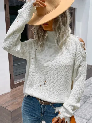 Perfee Distressed High Neck Cold-Shoulder Sweater