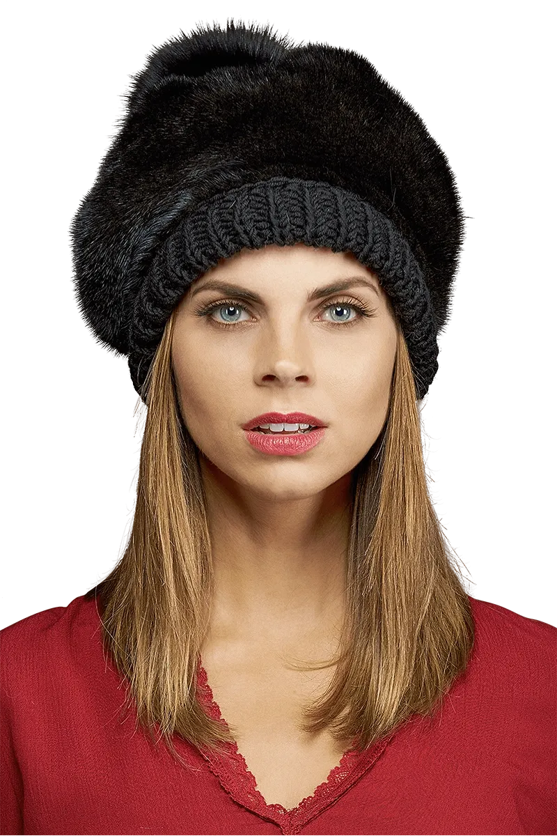 Perforated Mink Beanie Hat-Mink Fur Pom Pom