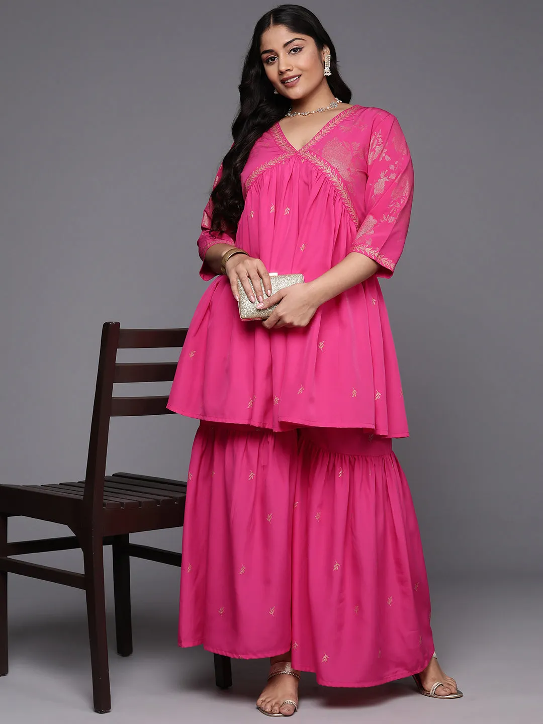 Pink & Gold Plus Size Printed Ethnic Co-Ords