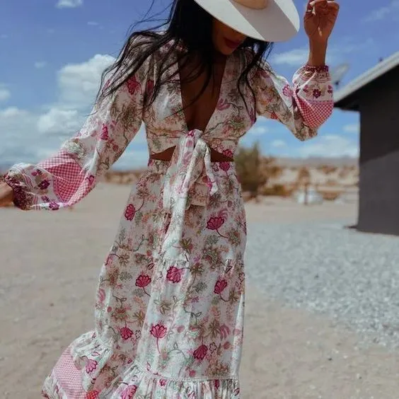 Pink Floral Peasant Top Maxi Skirt Set Or Separate Boho Tie Front Crop Top Bohemian Long Ruffled Hem Drawstring Elastic Waist Skirt Pink Flowers On White Available In Small Medium Or Large