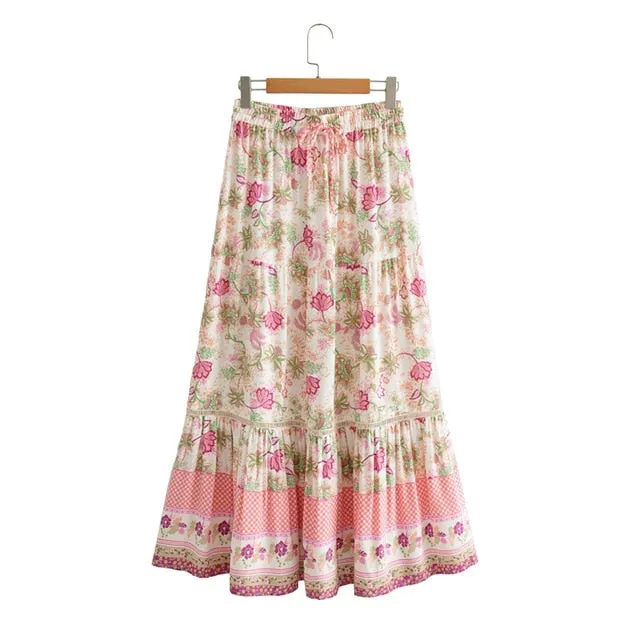 Pink Floral Peasant Top Maxi Skirt Set Or Separate Boho Tie Front Crop Top Bohemian Long Ruffled Hem Drawstring Elastic Waist Skirt Pink Flowers On White Available In Small Medium Or Large