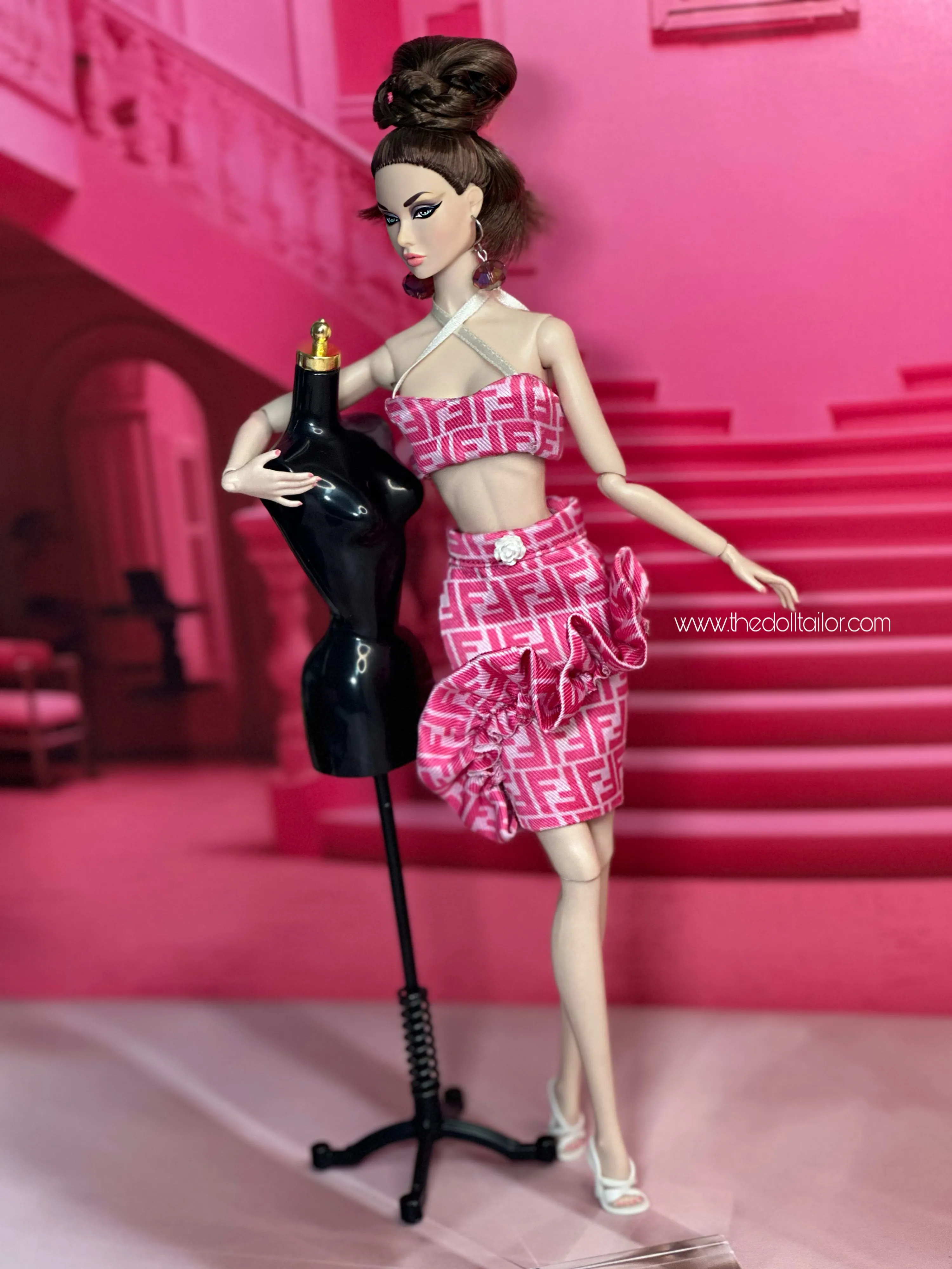 Pink pencil skirt with ruffles and top for barbie doll