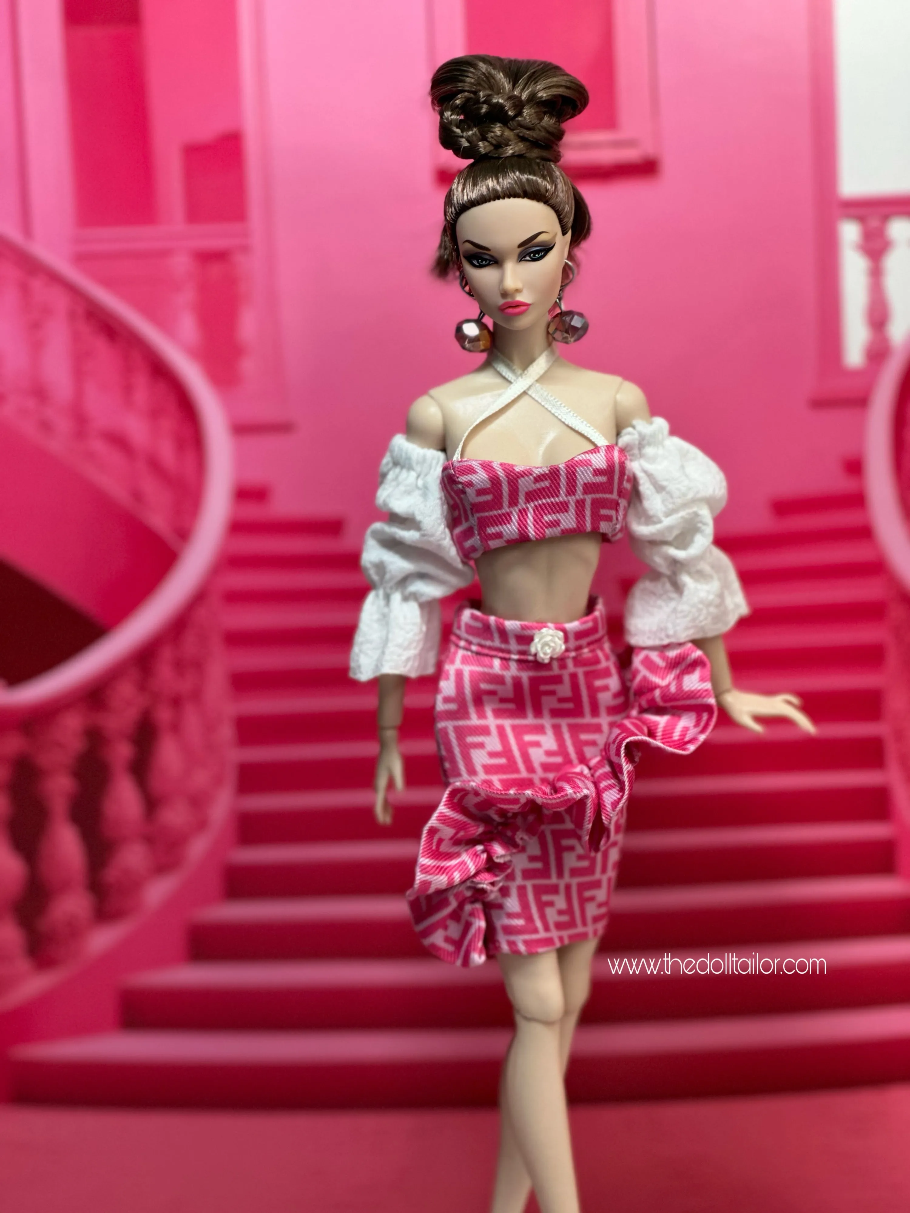 Pink pencil skirt with ruffles and top for barbie doll