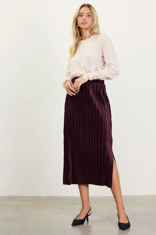 Pleated Velvet Midi Skirt - Plum