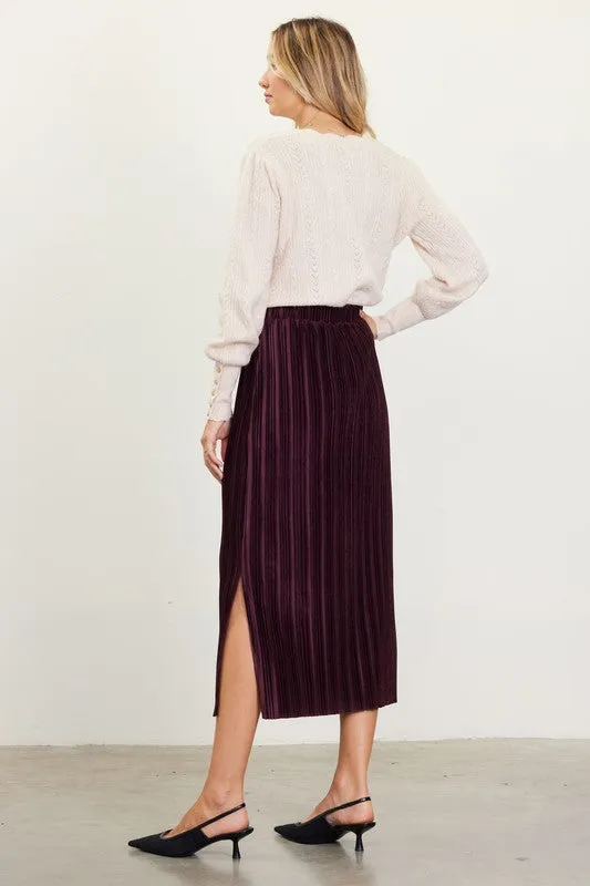 Pleated Velvet Midi Skirt - Plum