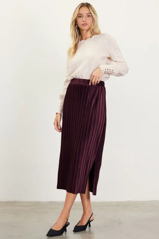 Pleated Velvet Midi Skirt - Plum