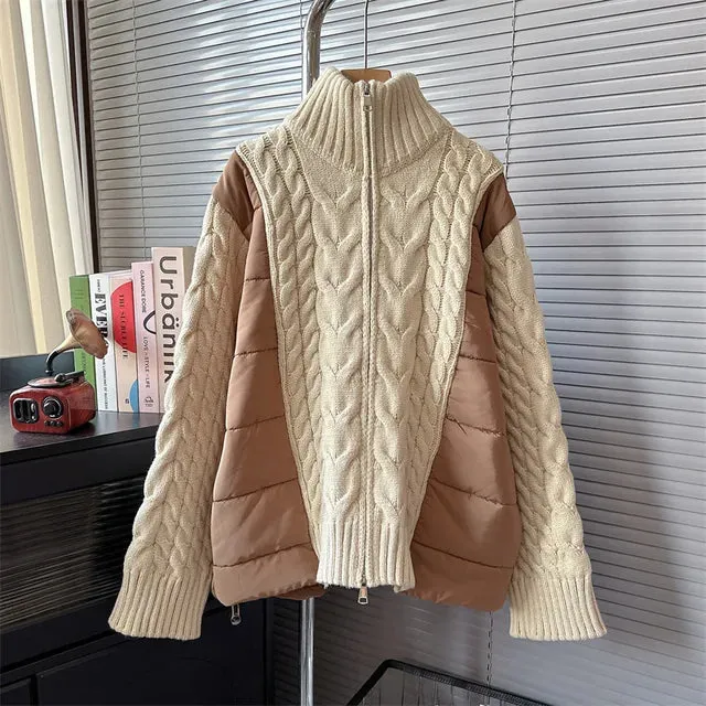 Pre Order:  Turtleneck Knitted Patchwork Cotton-Padded Sweater