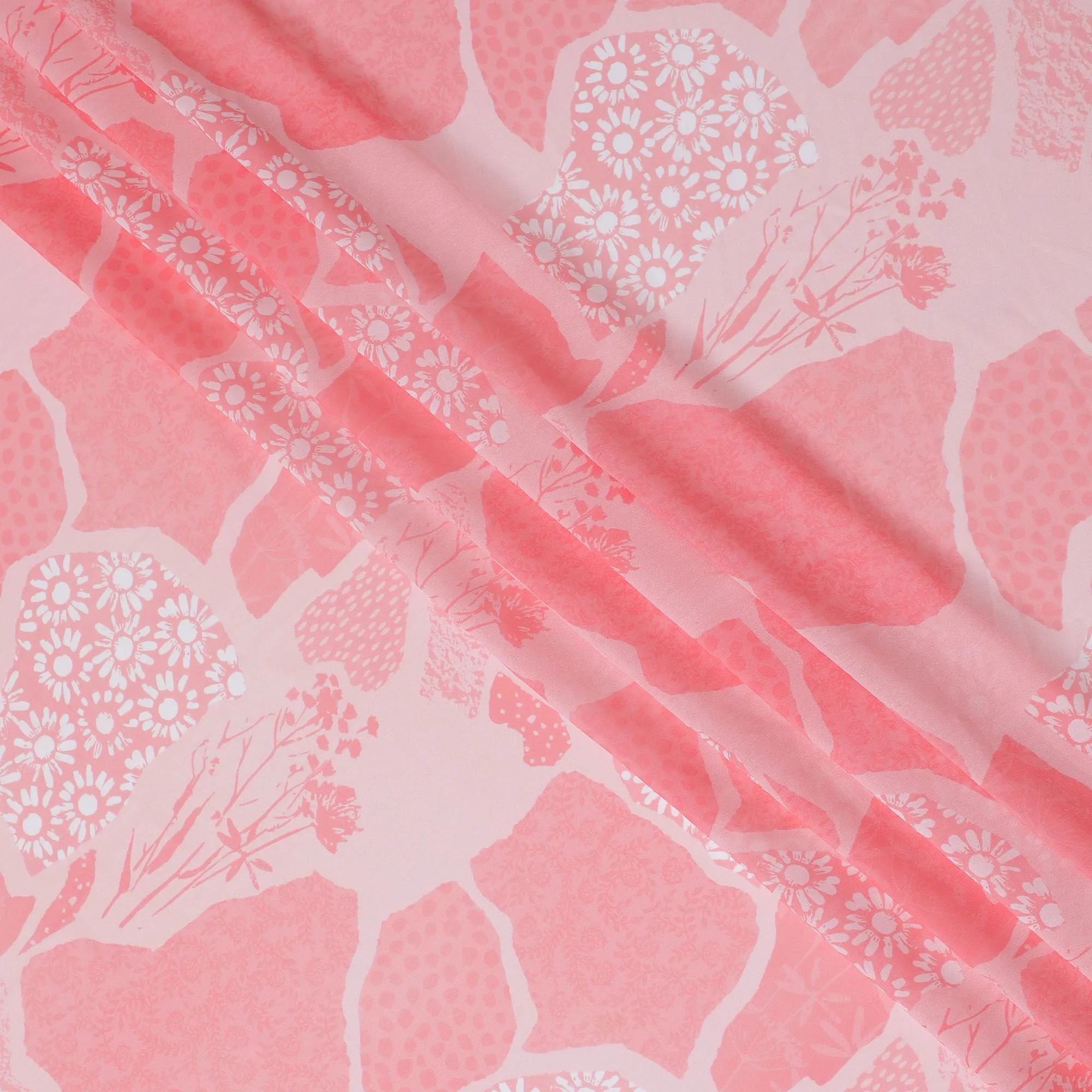 Premium Coral Pink Synthetic Georgette Fabric - Floral Design, Buy in Meters, 110cm Wide-D17992