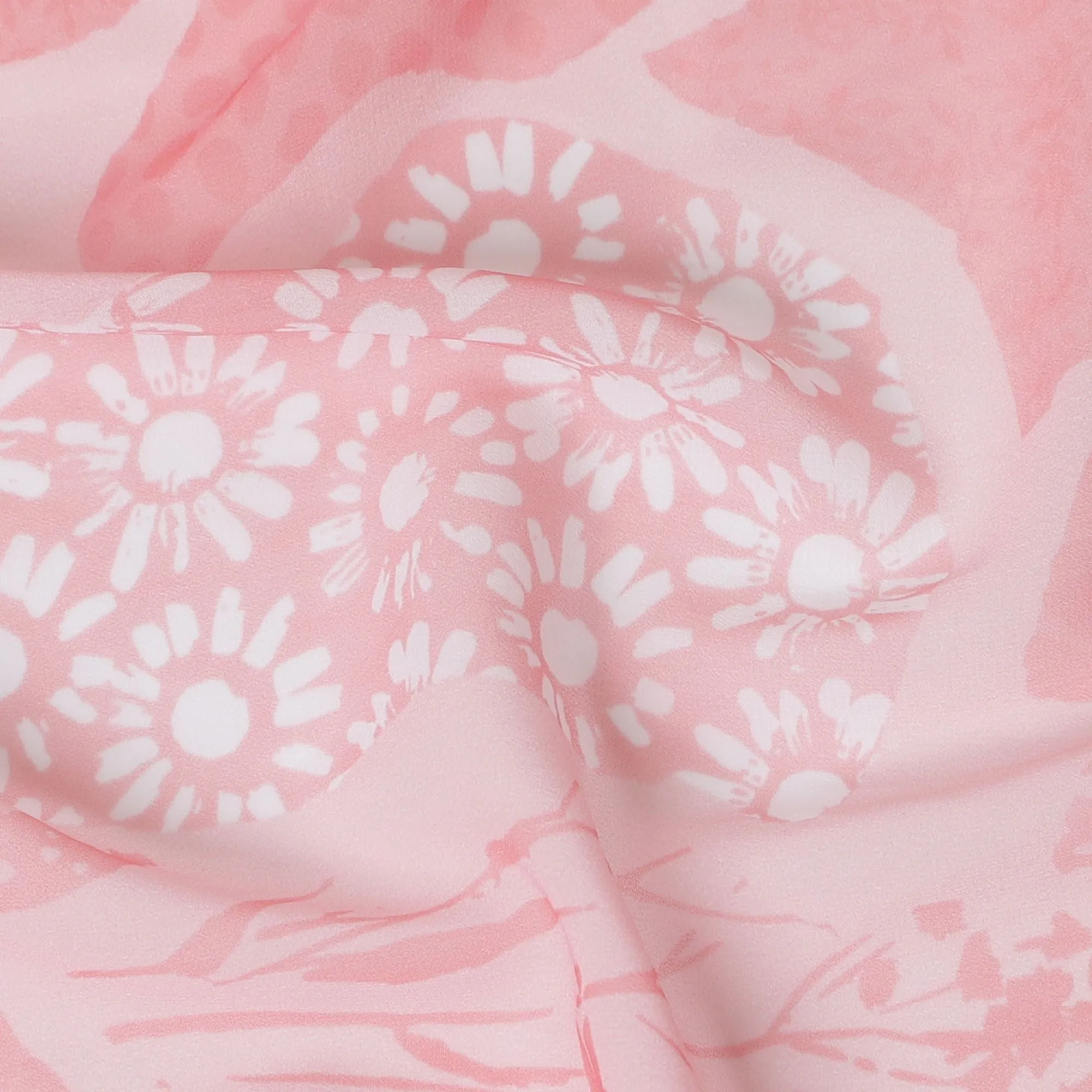 Premium Coral Pink Synthetic Georgette Fabric - Floral Design, Buy in Meters, 110cm Wide-D17992