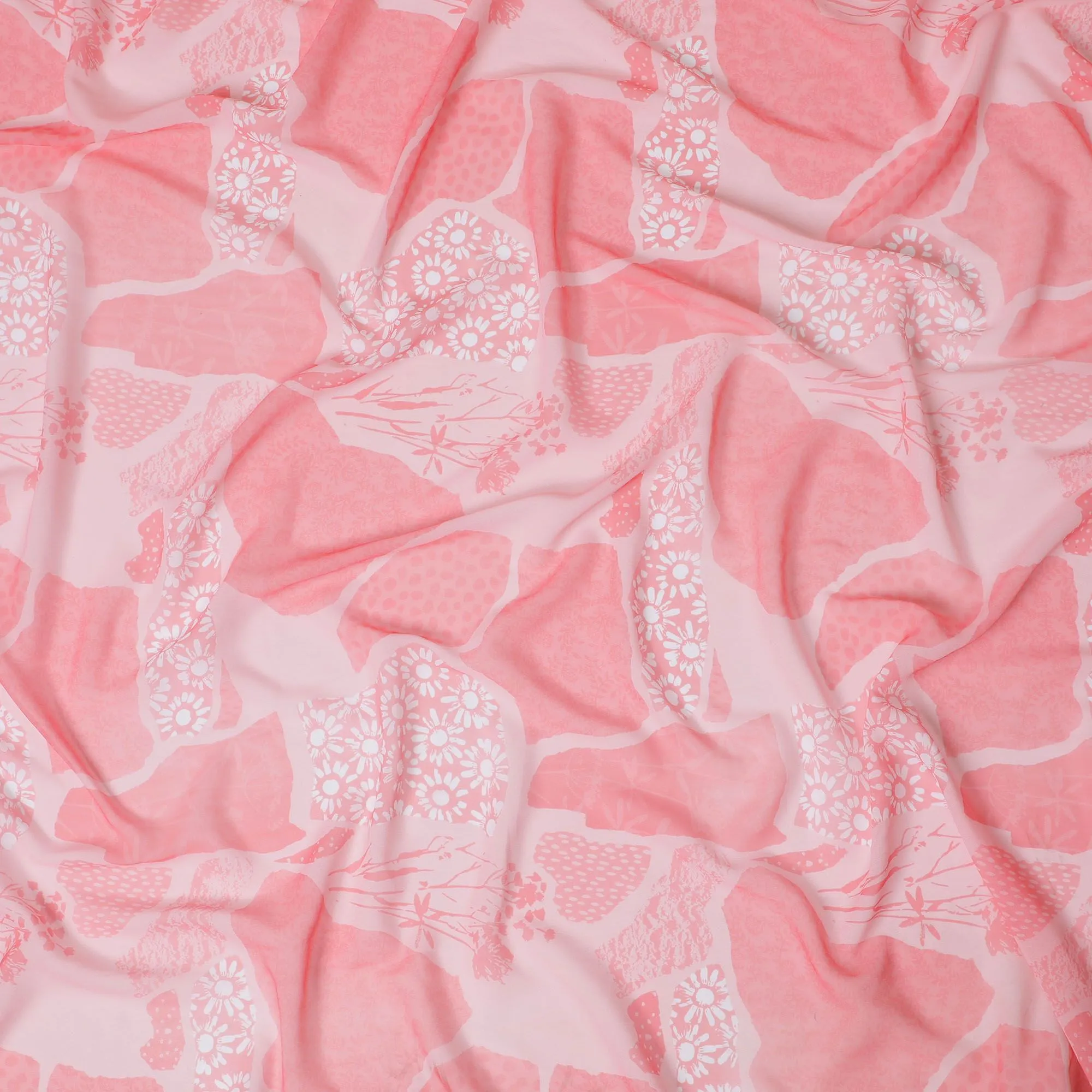 Premium Coral Pink Synthetic Georgette Fabric - Floral Design, Buy in Meters, 110cm Wide-D17992