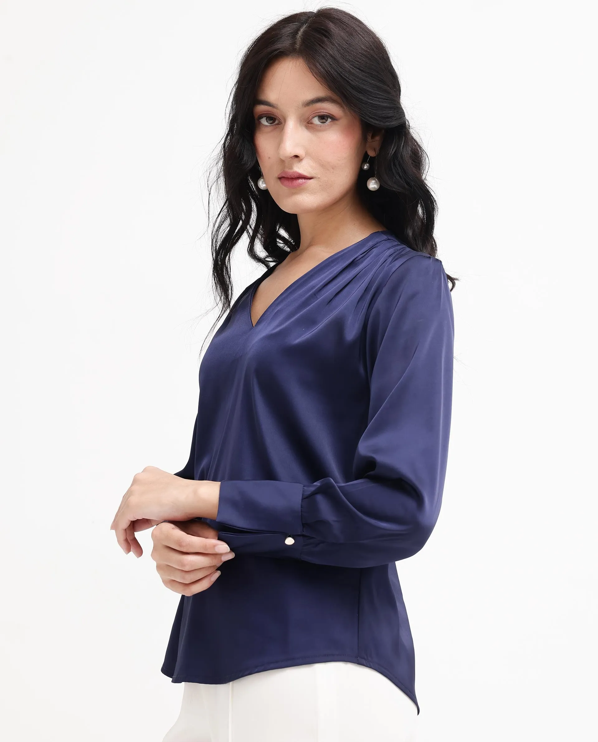 Rareism Women Yuhay Navy Polyester Fabric Regular Sleeves V-Neck Solid Regular Length Top