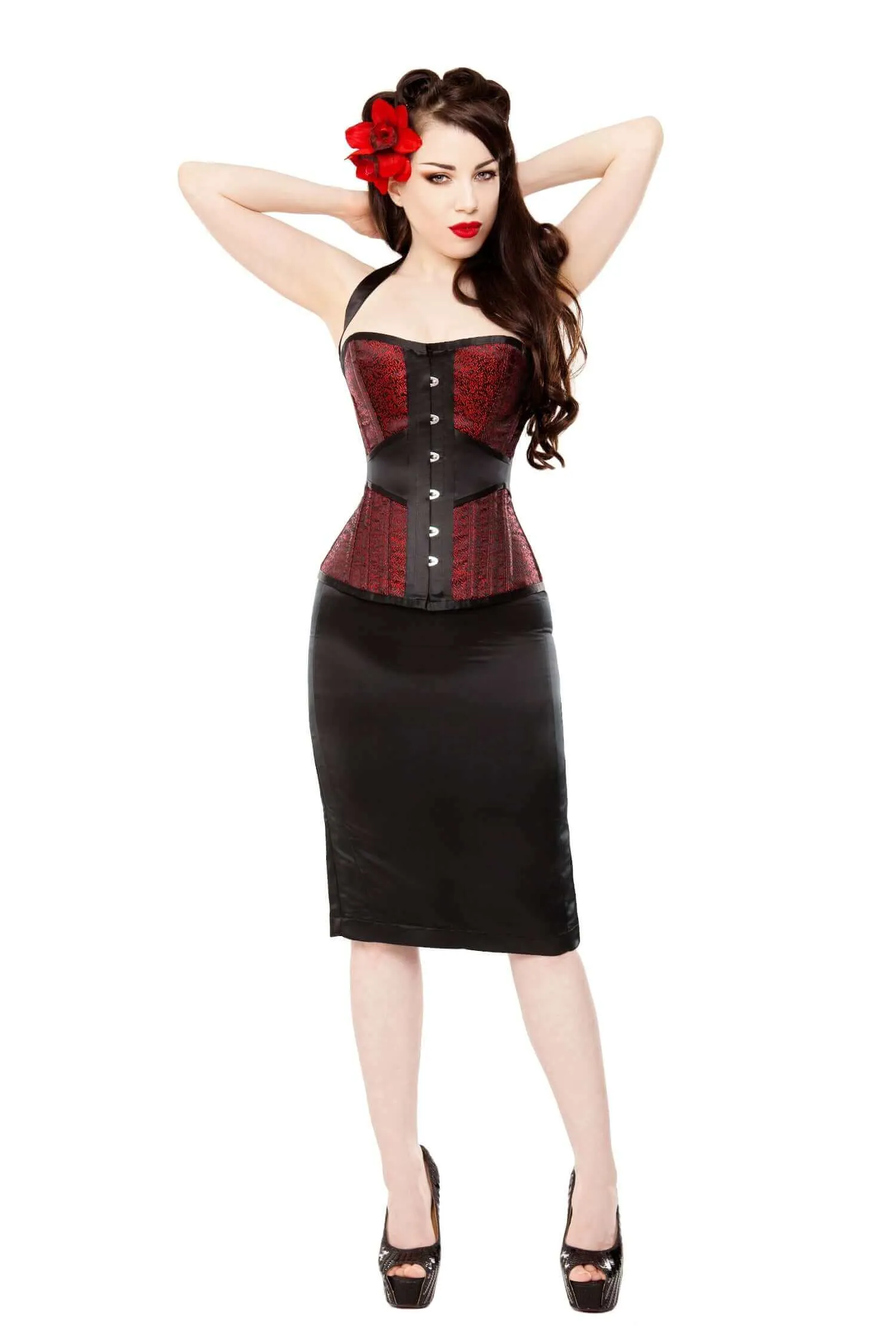 Red Leaf Brocade Corset & Black Satin Pencil Skirt