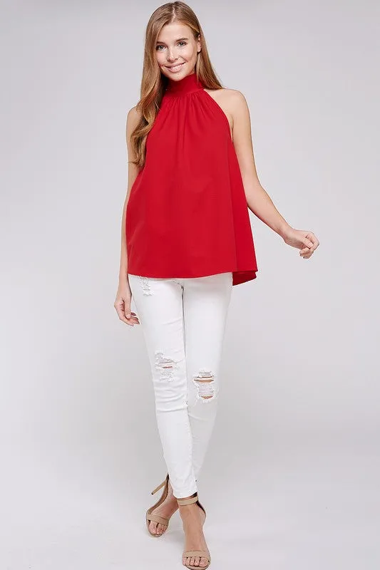 Red Turtleneck Sleeveless Back Bow Top