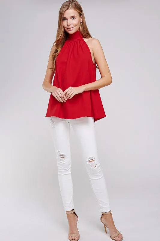 Red Turtleneck Sleeveless Back Bow Top