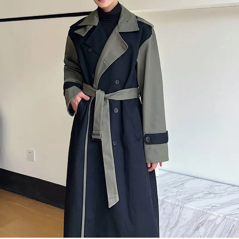 Retro Contrast Patchwork Lapel Long Trench Coat