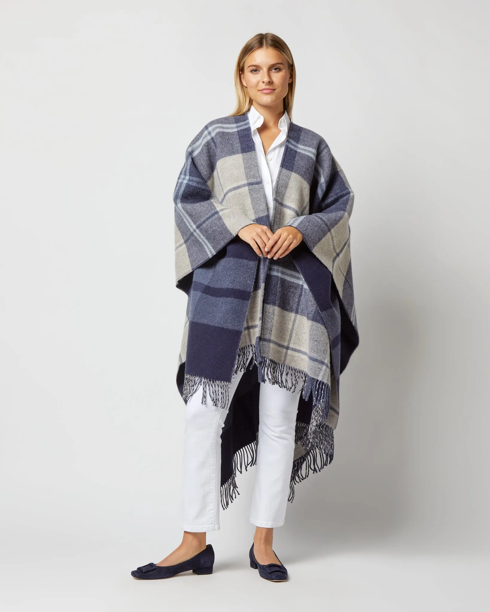 Reversible Lambswool Cape in Blue/Cream Windowpane