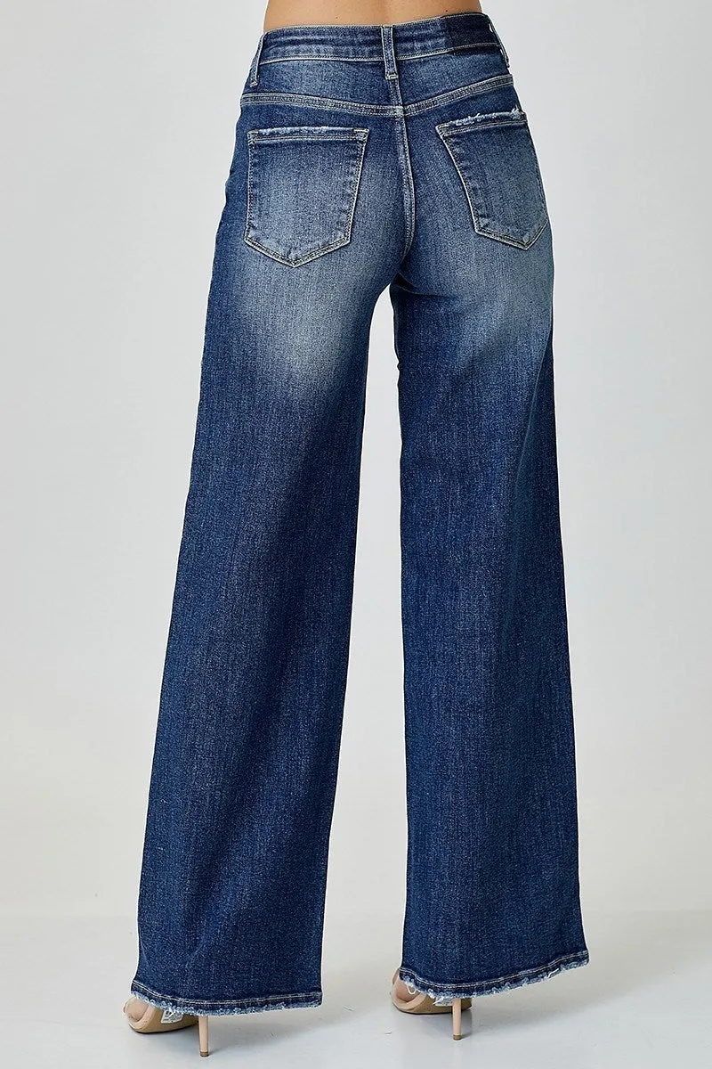 Risen Mid Rise Cross Over Wide Leg Jeans