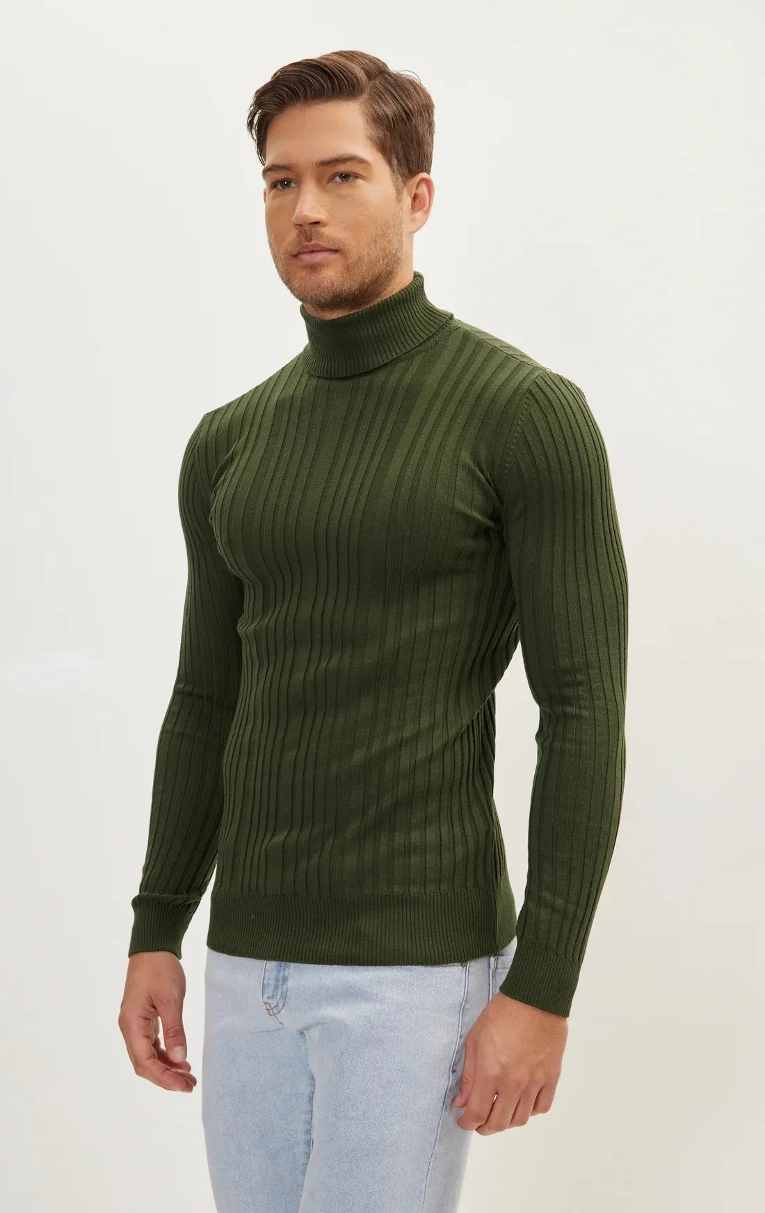 Roll Neck Ribbed Sweater - Khaki