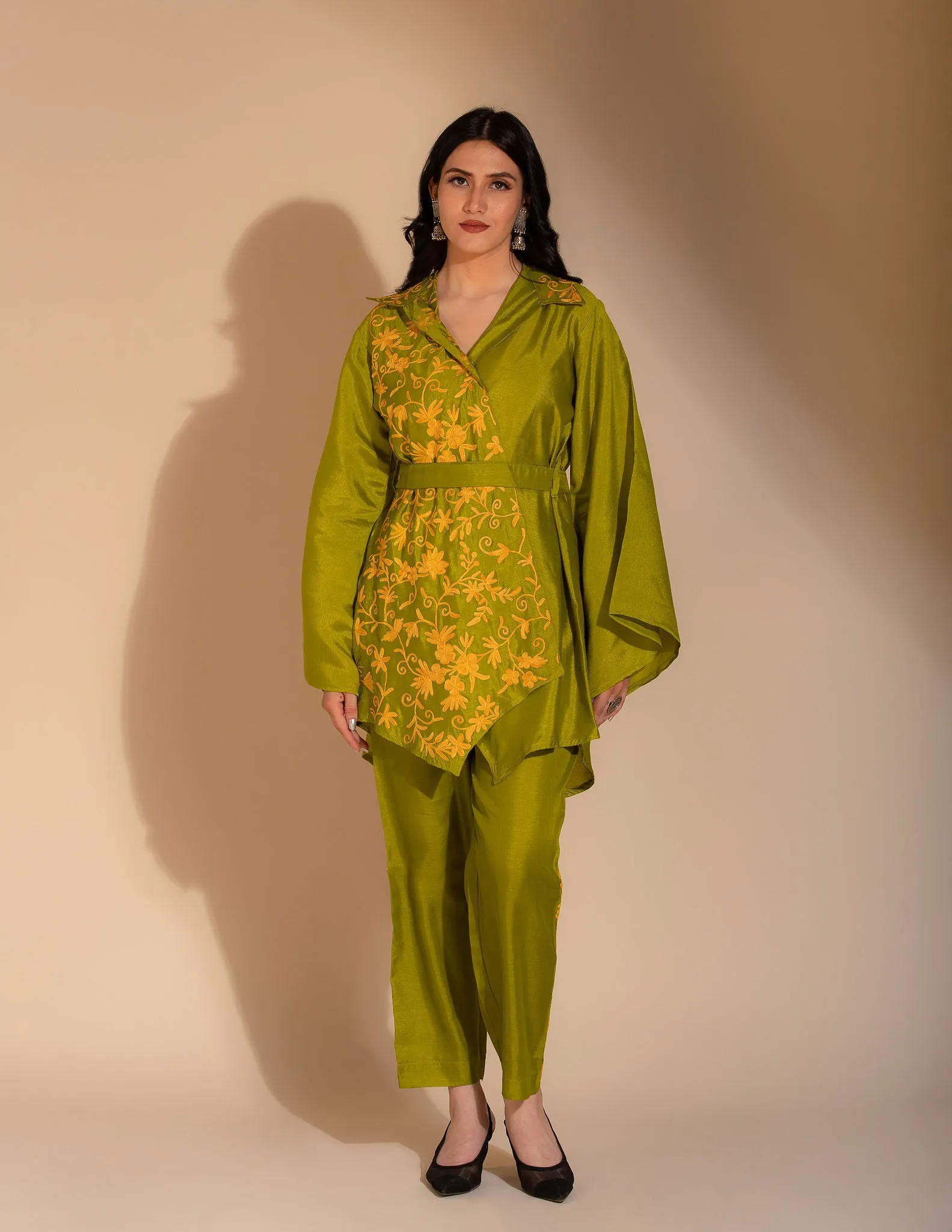 Ruhaniyat Aari Embroidered Silk Kimono Cordset