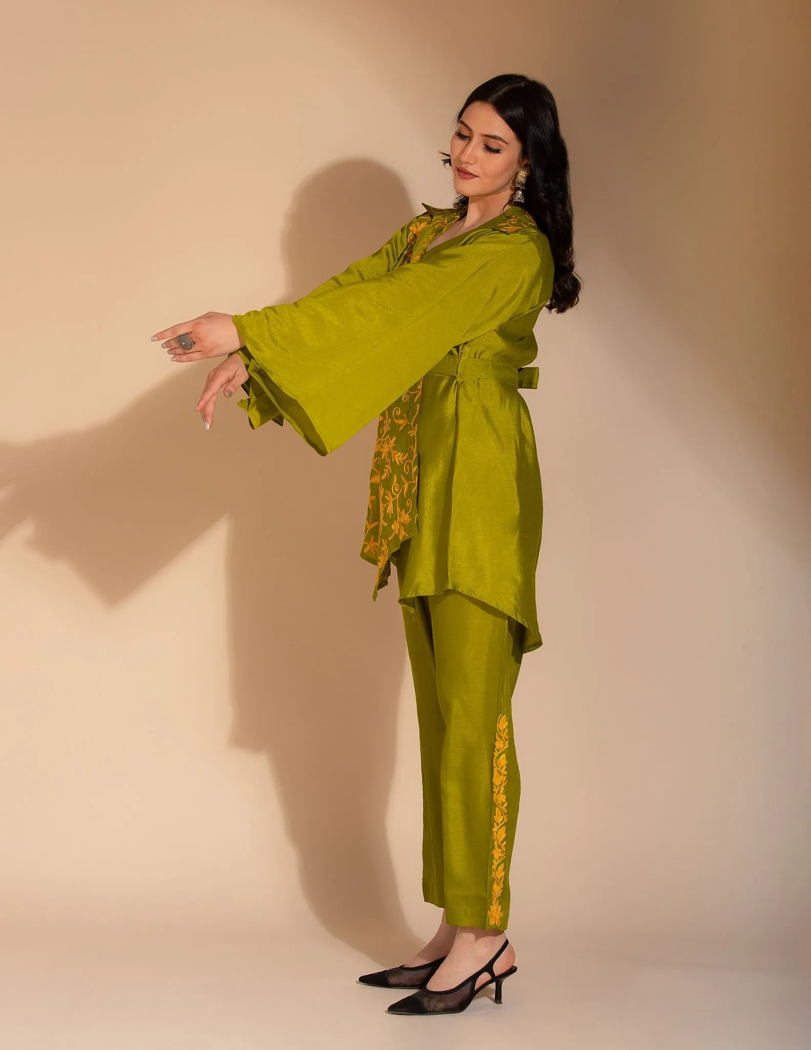 Ruhaniyat Aari Embroidered Silk Kimono Cordset