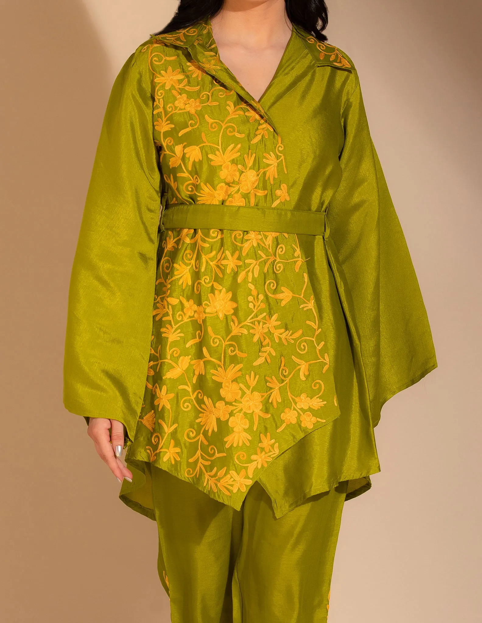 Ruhaniyat Aari Embroidered Silk Kimono Cordset