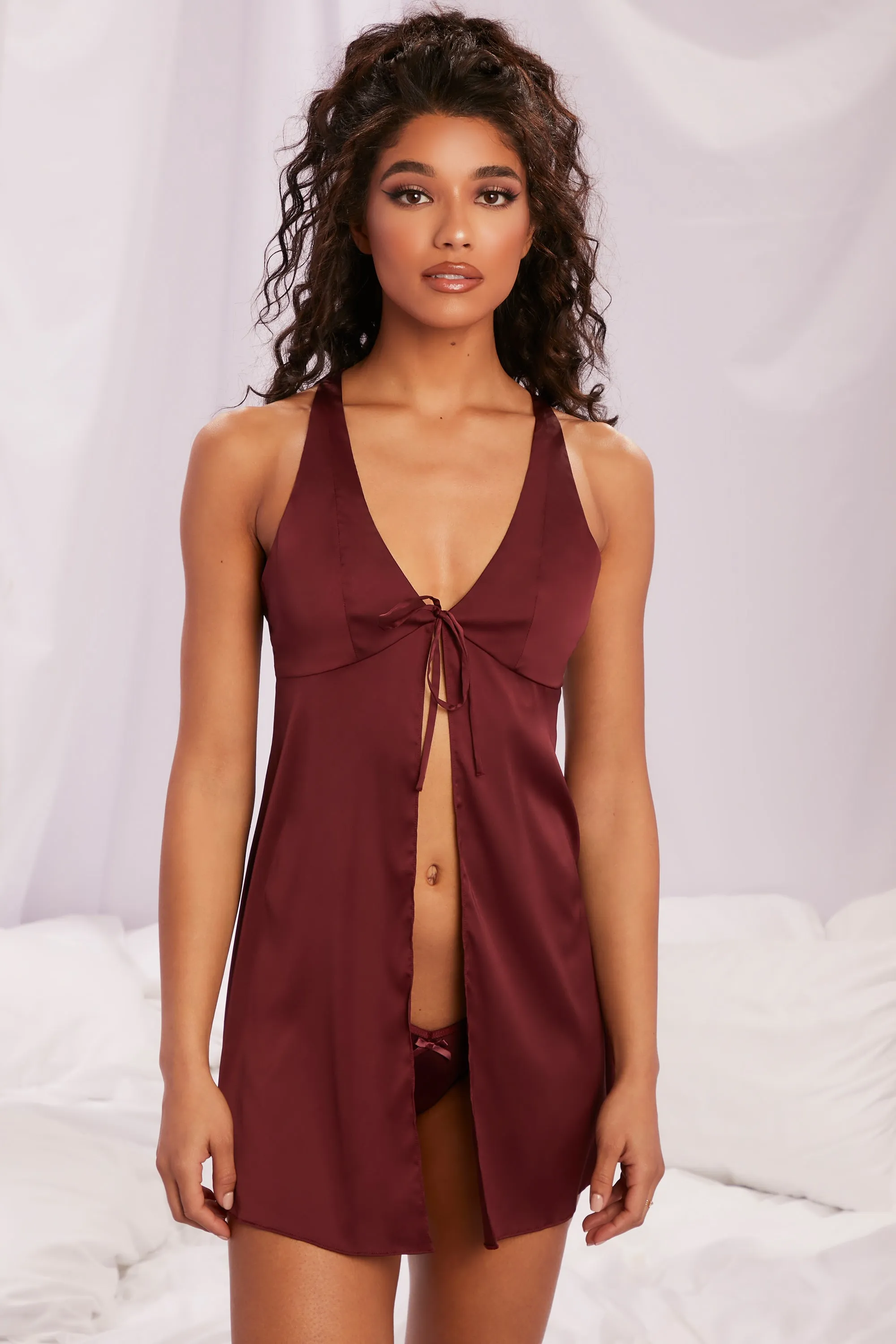 Satin Babydoll Mini Dress in Burgundy